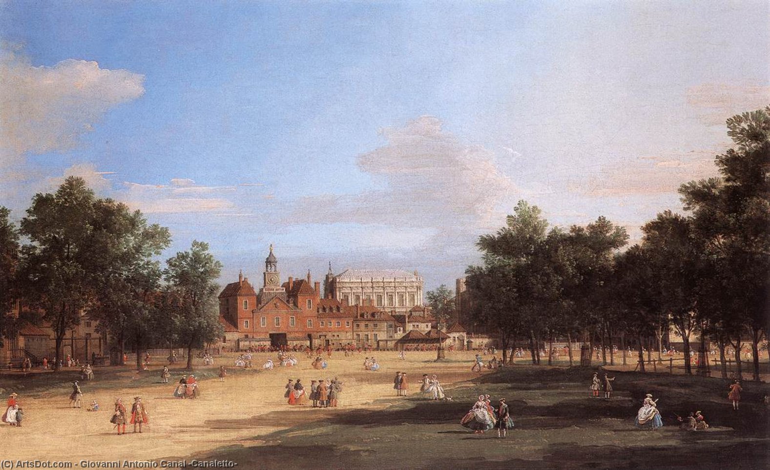 Wikioo.org - The Encyclopedia of Fine Arts - Painting, Artwork by Giovanni Antonio Canal (Canaletto) - London: the Old Horse Guards and Banqueting Hall, from St James's Park