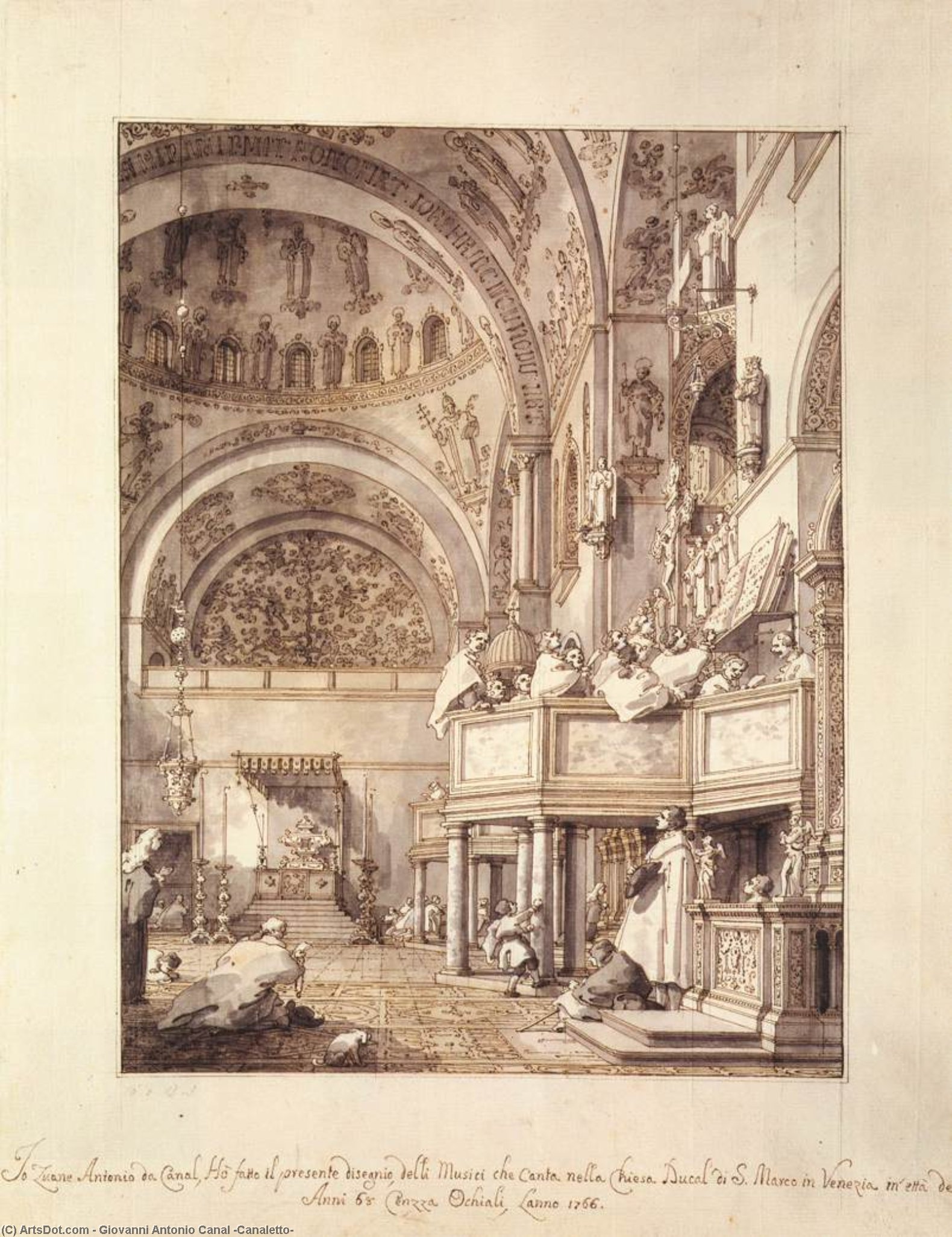 Wikioo.org - The Encyclopedia of Fine Arts - Painting, Artwork by Giovanni Antonio Canal (Canaletto) - San Marco: the Crossing and North Transept, with Musicians Singing
