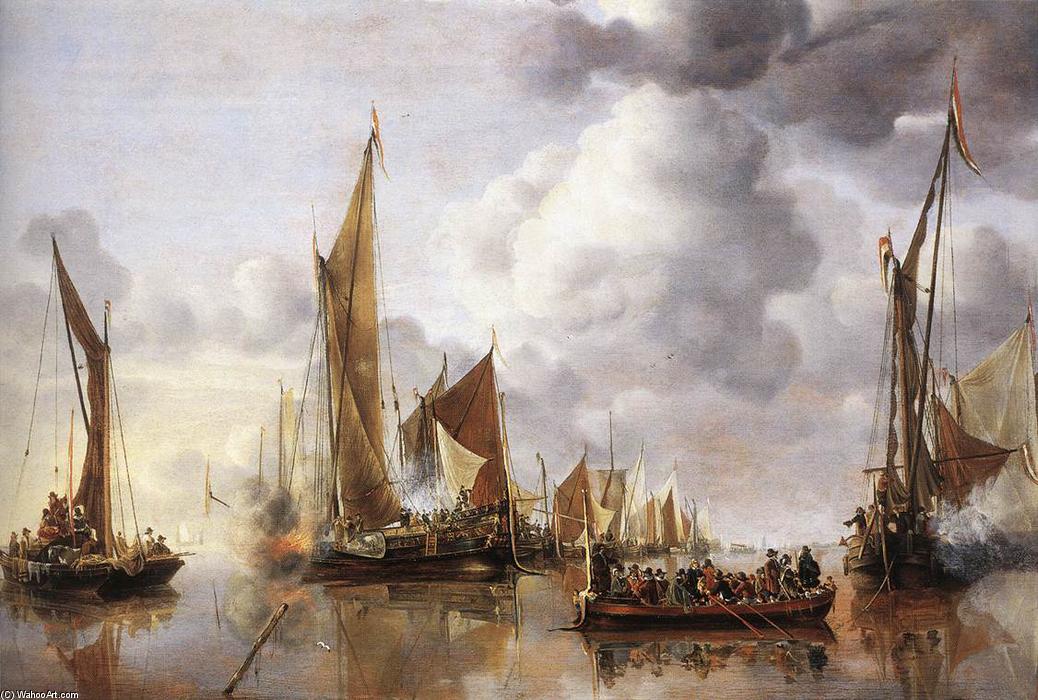 Wikioo.org – La Enciclopedia de las Bellas Artes - Pintura, Obras de arte de Jan Van De Cappelle - El Estado Barge saludado por la Flota Inicio