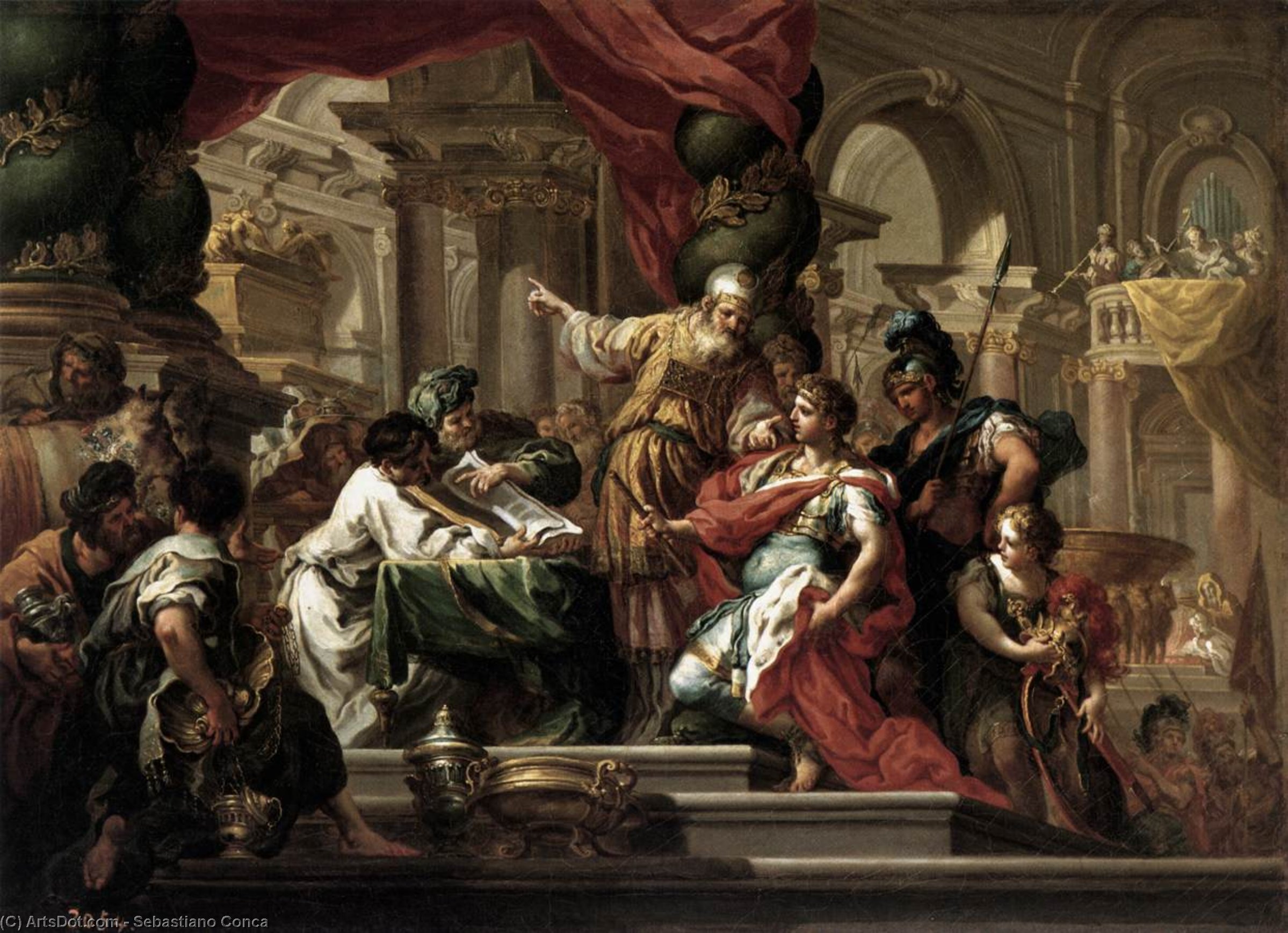 Wikioo.org - The Encyclopedia of Fine Arts - Painting, Artwork by Sebastiano Conca - Alexander the Great in the Temple of Jerusalem