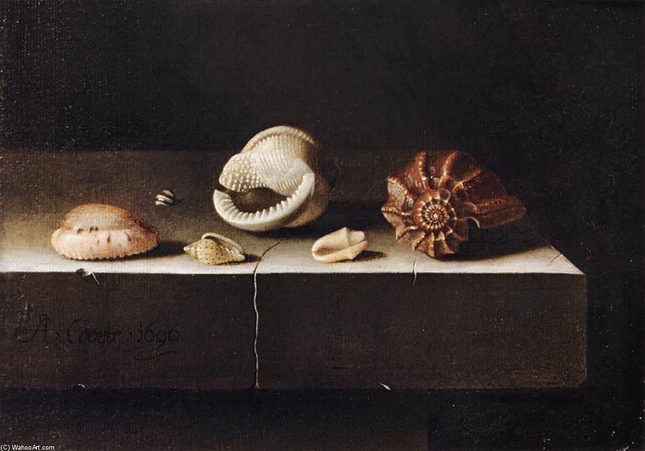 Wikioo.org - The Encyclopedia of Fine Arts - Painting, Artwork by Adriaen Coorte - Five Shells on a Slab of Stone