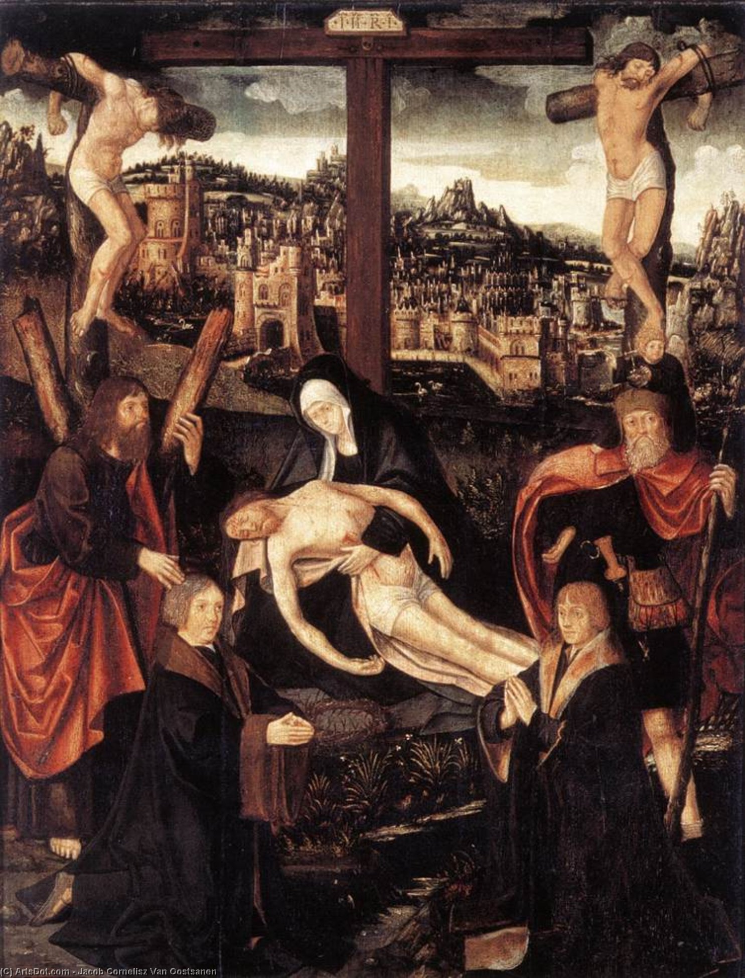 Wikoo.org - موسوعة الفنون الجميلة - اللوحة، العمل الفني Jacob Cornelisz Van Oostsanen - Crucifixion with Donors and Saints