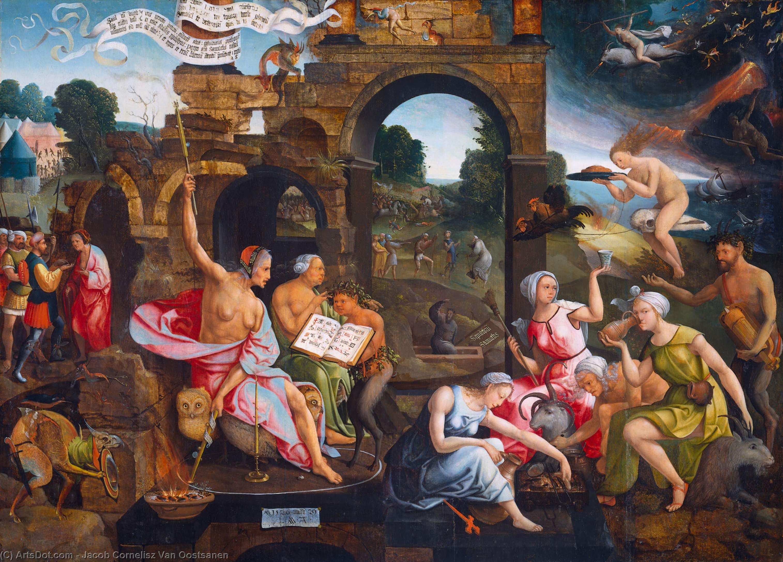 Wikioo.org – La Enciclopedia de las Bellas Artes - Pintura, Obras de arte de Jacob Cornelisz Van Oostsanen - Saúl y la bruja de Endor
