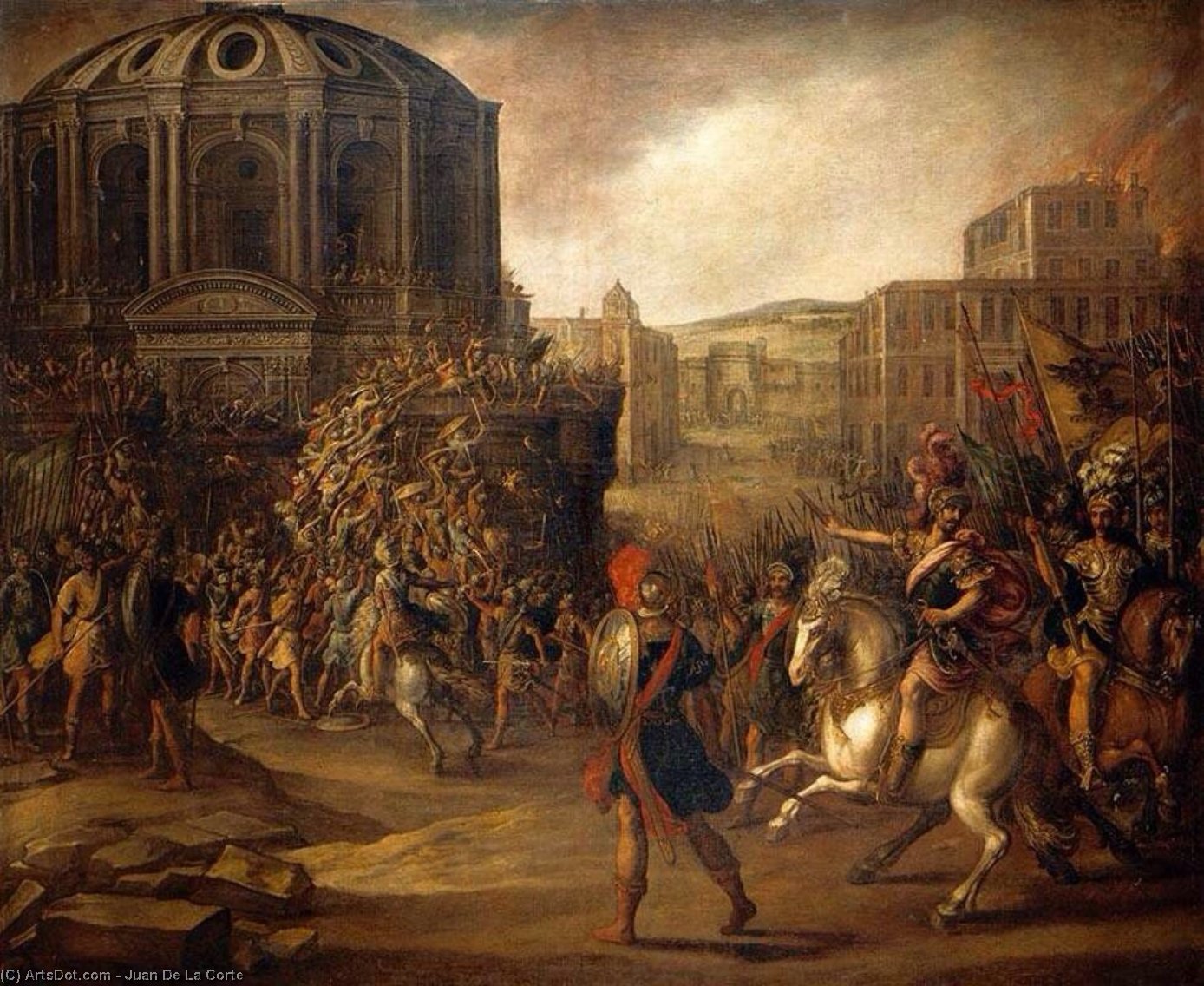 Wikioo.org - The Encyclopedia of Fine Arts - Painting, Artwork by Juan De La Corte - Battle Scene with a Roman Army Besieging a Large City