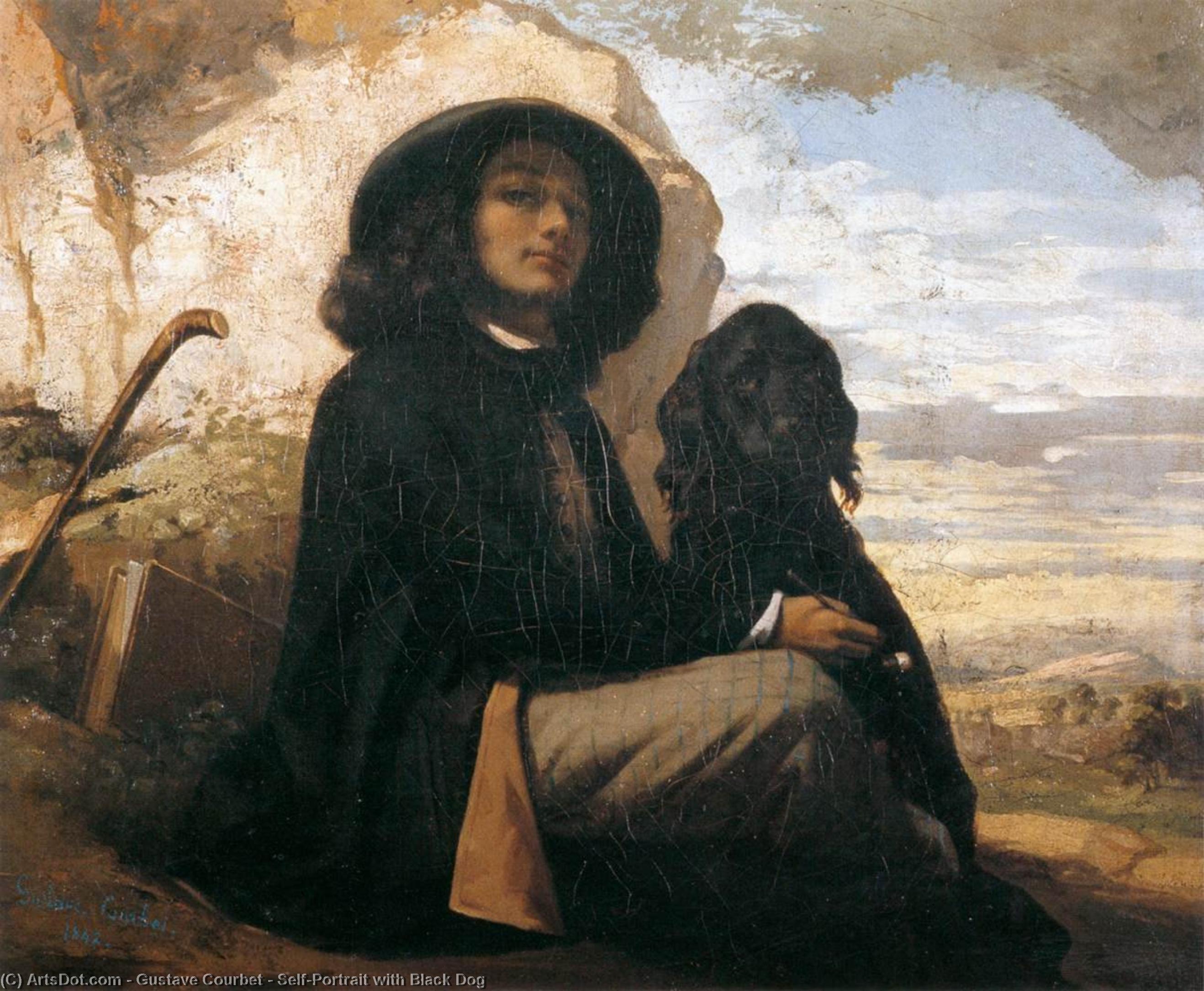 WikiOO.org - 百科事典 - 絵画、アートワーク Gustave Courbet - セルフポートレート（） と一緒に  黒  犬