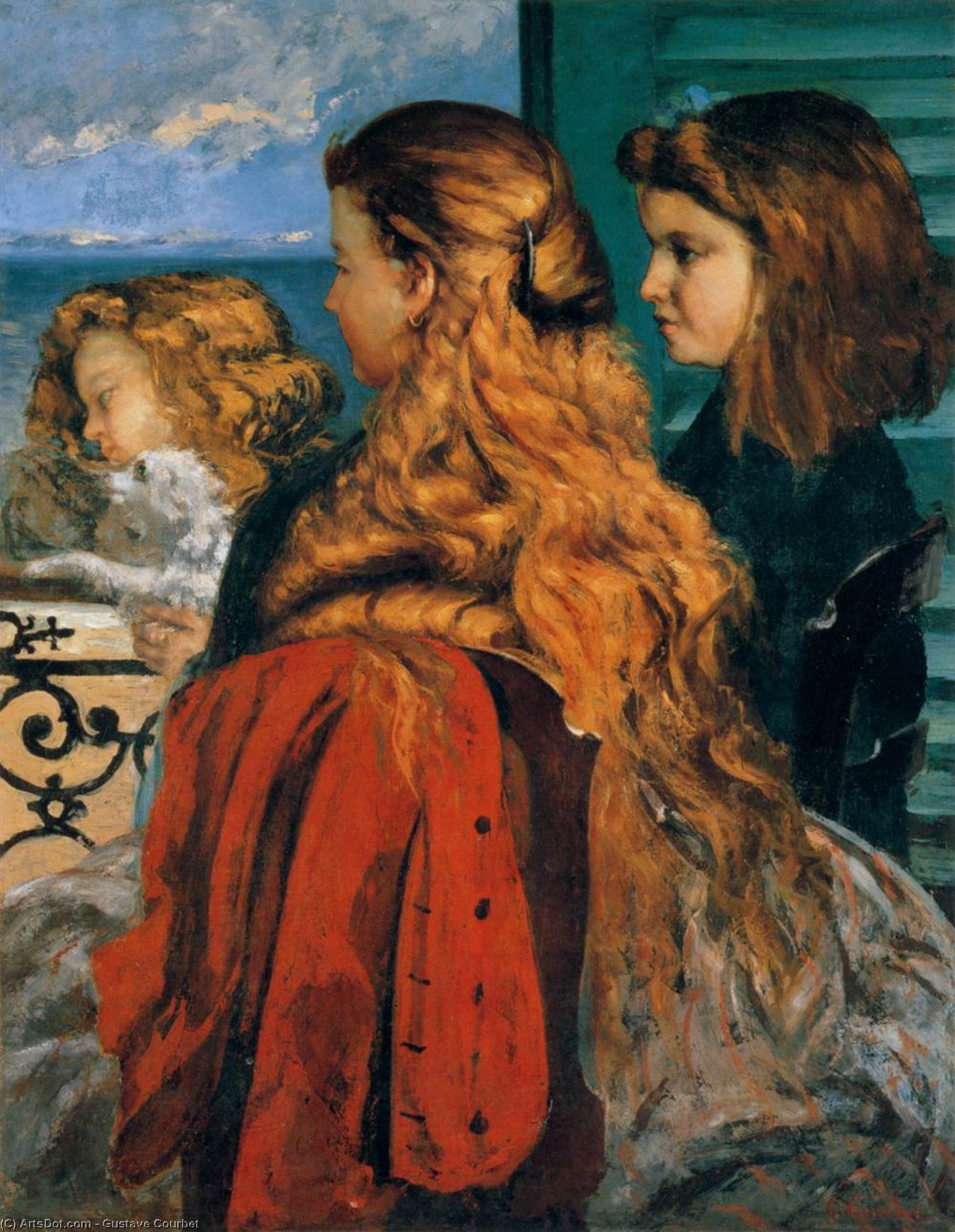 Wikioo.org - Die Enzyklopädie bildender Kunst - Malerei, Kunstwerk von Gustave Courbet - drei englisch  mädchen  bei  Ein  Bildschirmfenster
