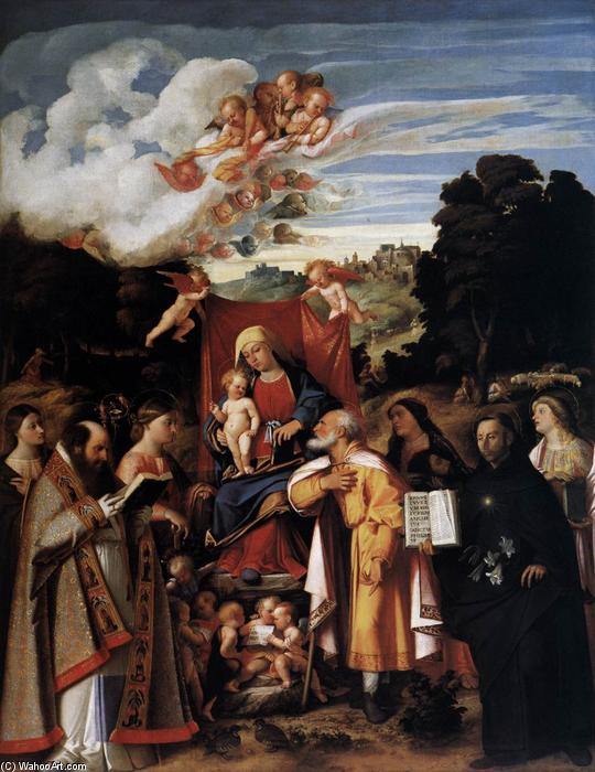 Wikioo.org - The Encyclopedia of Fine Arts - Painting, Artwork by Giovanni Cariani - Virgin Enthroned with Angels and Saints