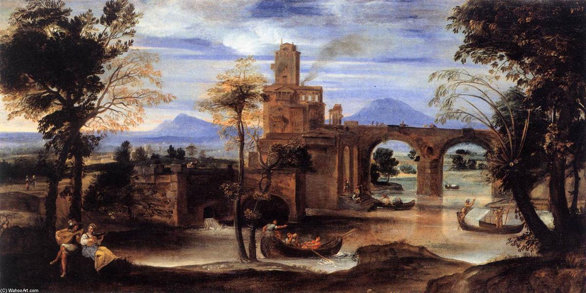 Wikioo.org - The Encyclopedia of Fine Arts - Painting, Artwork by Annibale Carracci - Roman River Landscape with Castle and Bridge