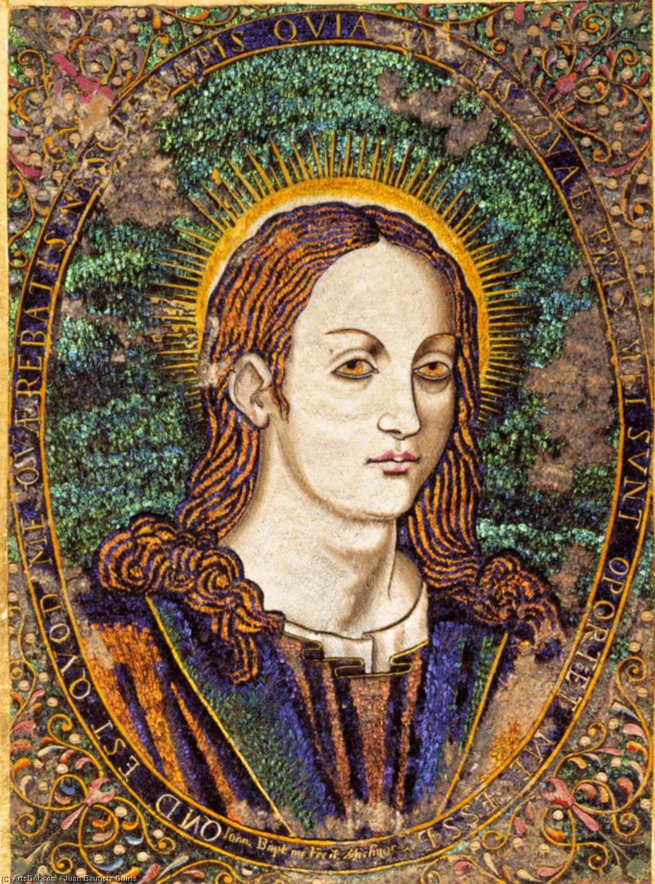 WikiOO.org - Encyclopedia of Fine Arts - Lukisan, Artwork Juan Bautista Cuiris - Portrait of Christ Made of Humming Bird and Parrot Feathers