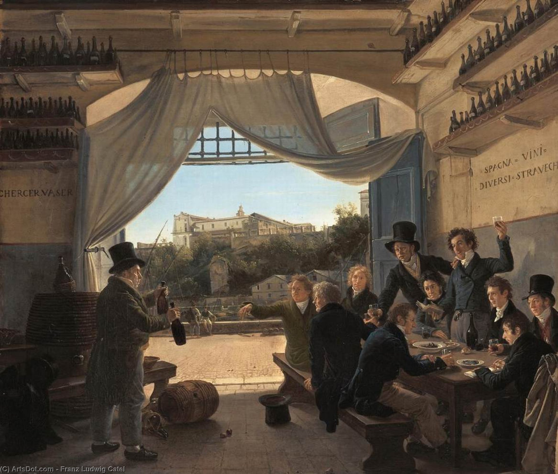 Wikioo.org - The Encyclopedia of Fine Arts - Painting, Artwork by Franz Ludwig Catel - Crown Prince Ludwig in the Spanish Wine Tavern in Rome