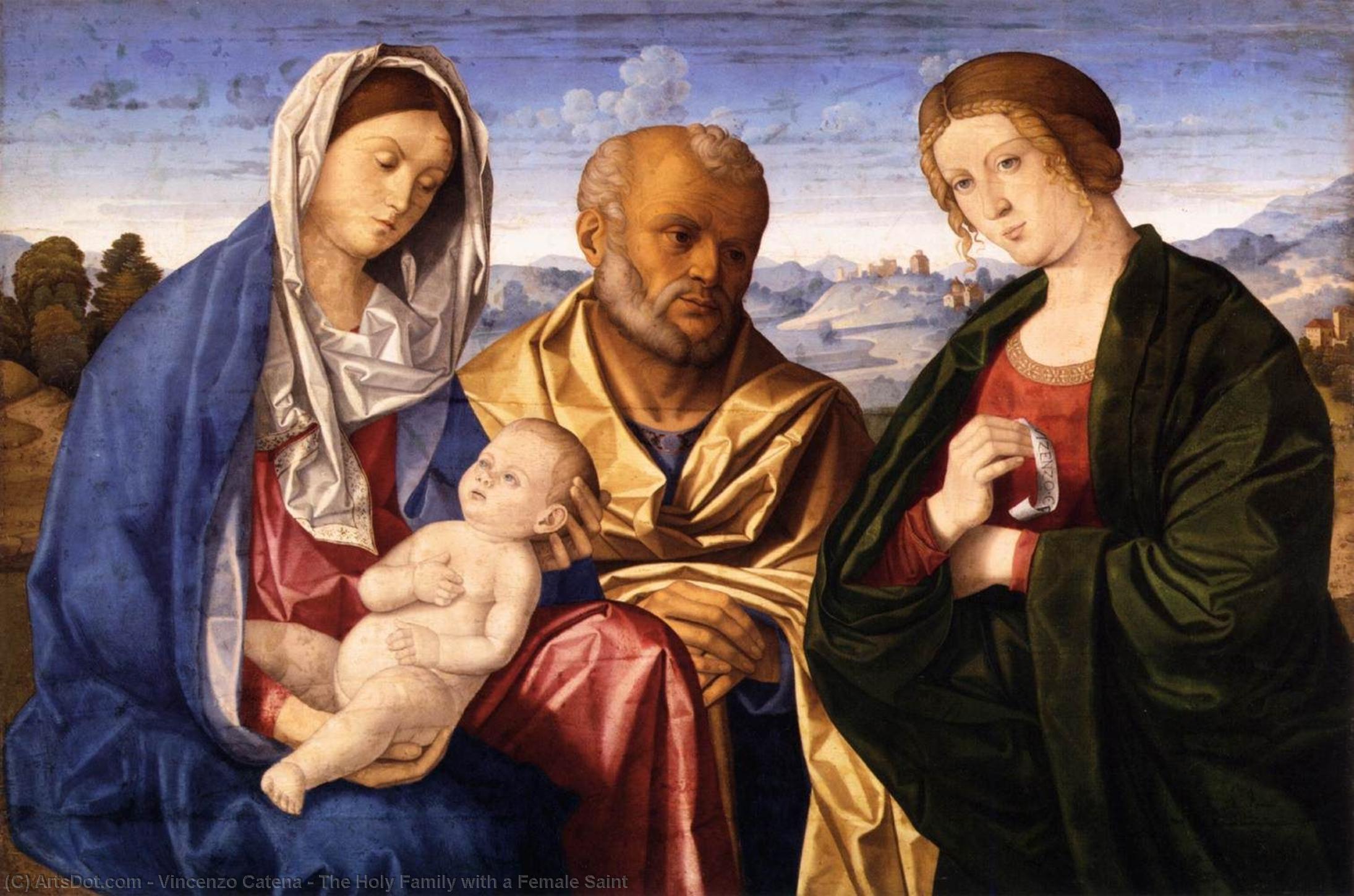 Wikioo.org - The Encyclopedia of Fine Arts - Painting, Artwork by Vincenzo Catena - The Holy Family with a Female Saint