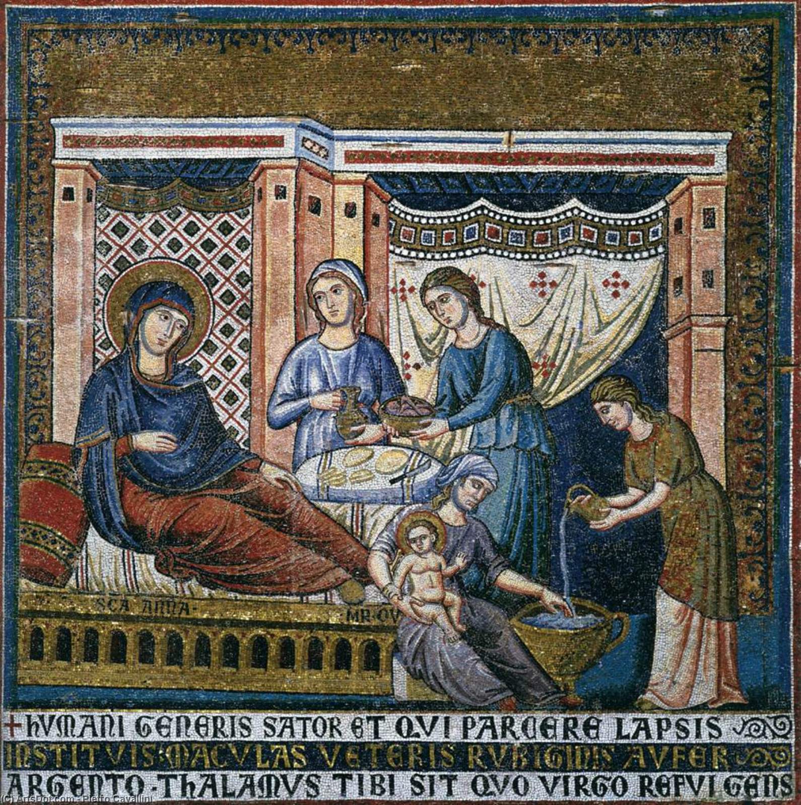 Wikioo.org - The Encyclopedia of Fine Arts - Painting, Artwork by Pietro Cavallini - Apsidal arch: 1. Nativity of the Virgin