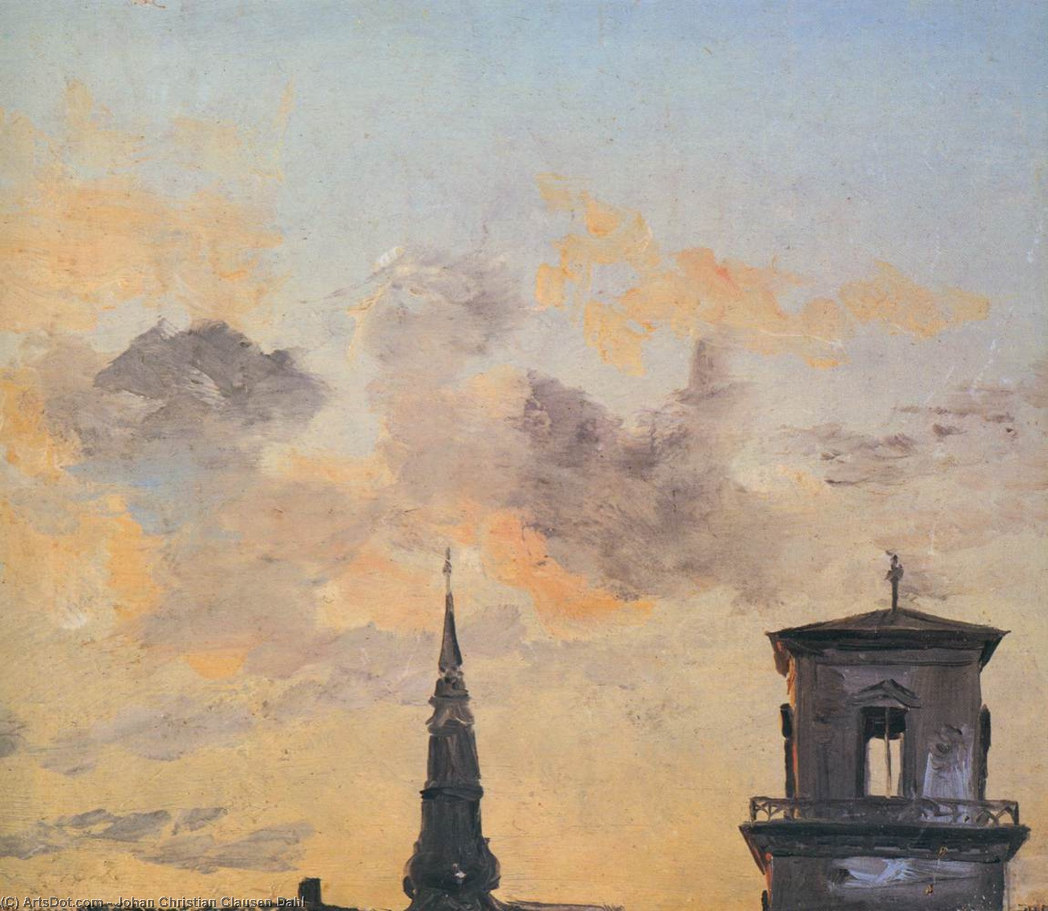 WikiOO.org - Encyclopedia of Fine Arts - Maleri, Artwork Johan Christian Clausen Dahl - Two Belfries at Sunset, Copenhagen
