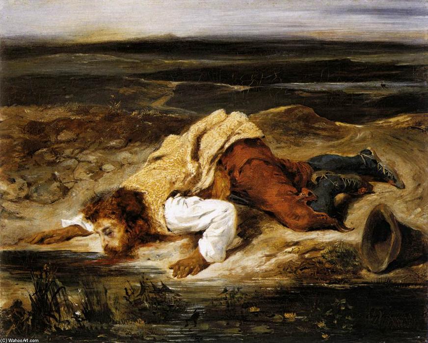 Wikioo.org - The Encyclopedia of Fine Arts - Painting, Artwork by Eugène Delacroix - A Mortally Wounded Brigand Quenches his Thirst