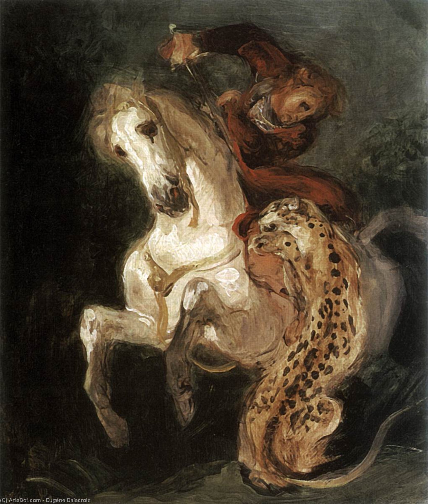 Wikioo.org - The Encyclopedia of Fine Arts - Painting, Artwork by Eugène Delacroix - Jaguar Attacking a Horseman