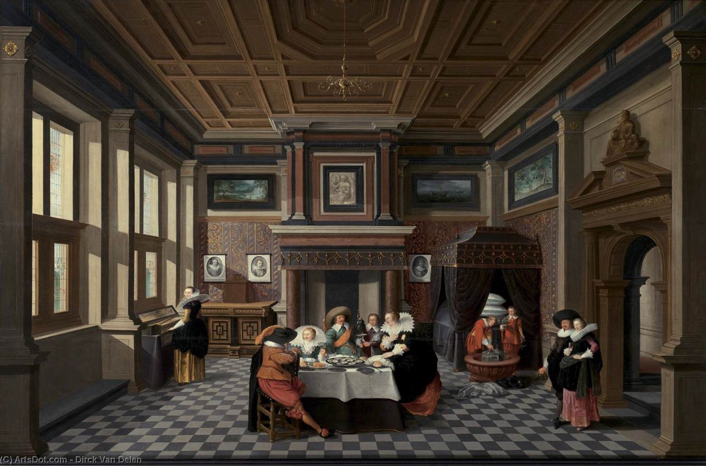 Wikioo.org – L'Encyclopédie des Beaux Arts - Peinture, Oeuvre de Dirck Van Delen - Un Intérieur avec  dames  et  messieurs  à manger