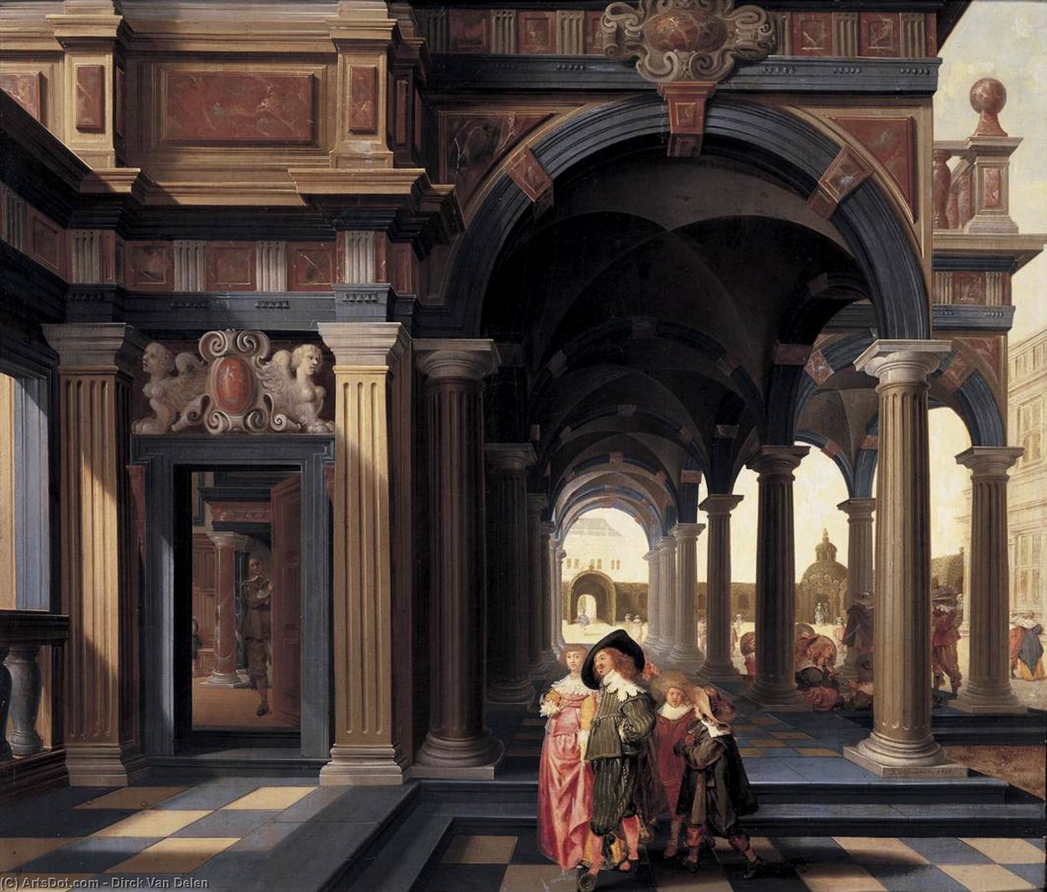 Wikioo.org - The Encyclopedia of Fine Arts - Painting, Artwork by Dirck Van Delen - Elegant Figures in a Loggia