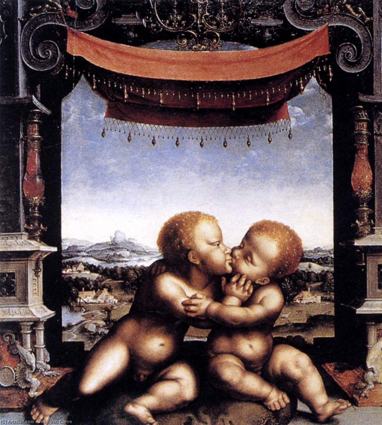 Wikioo.org - The Encyclopedia of Fine Arts - Painting, Artwork by Joos Van Cleve - The Infants Christ and Saint John the Baptist Embracing