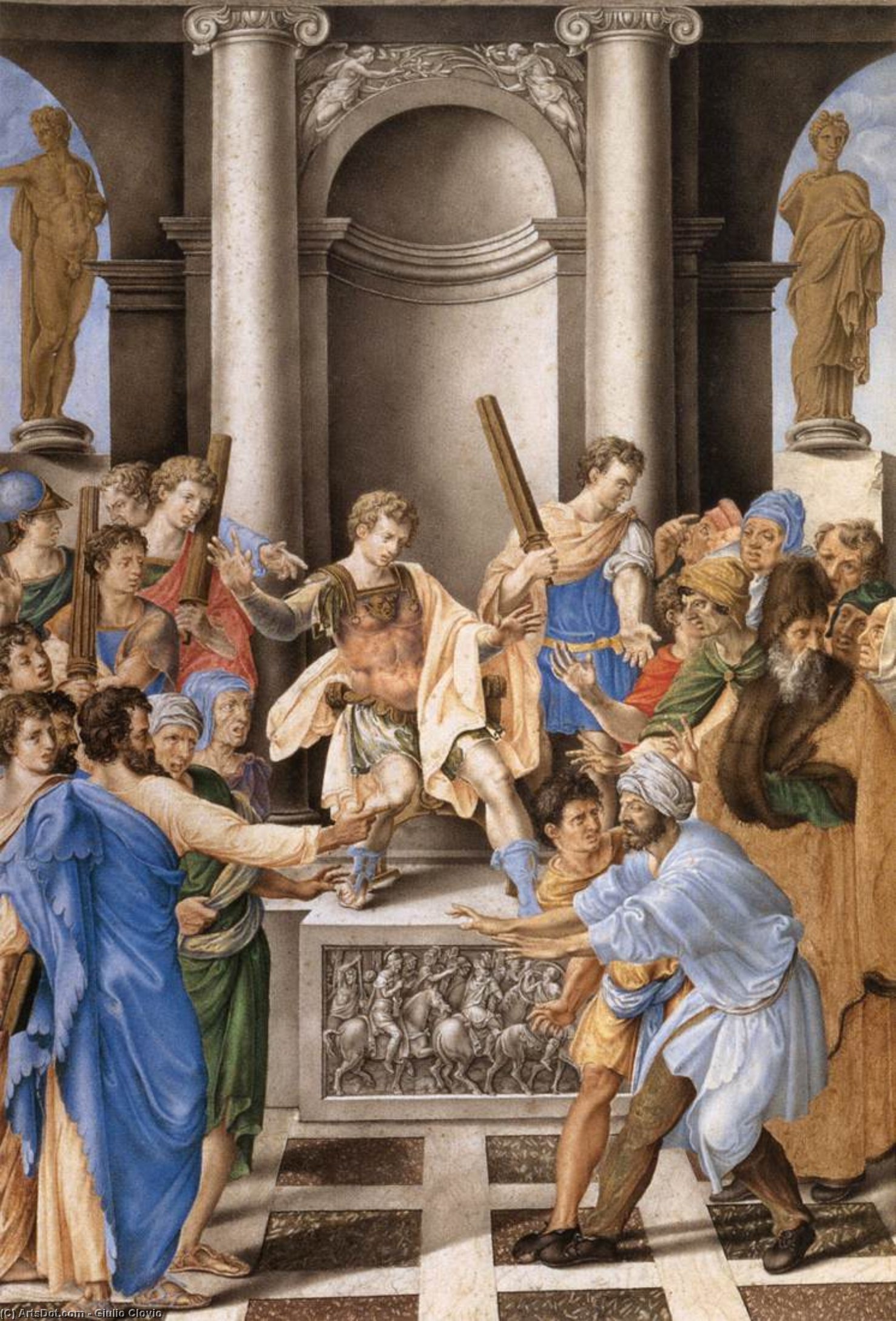 WikiOO.org - Encyclopedia of Fine Arts - Schilderen, Artwork Giulio Clovio - Elymas Struck Blind by St Paul before the Proconsul Sergius Paulus