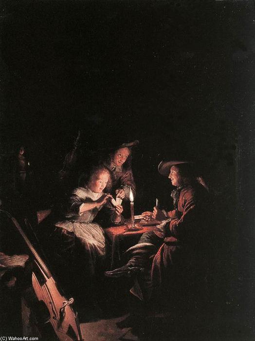 Wikioo.org – La Enciclopedia de las Bellas Artes - Pintura, Obras de arte de Gerrit (Gérard) Dou - Jugadores de cartas en luz de las velas