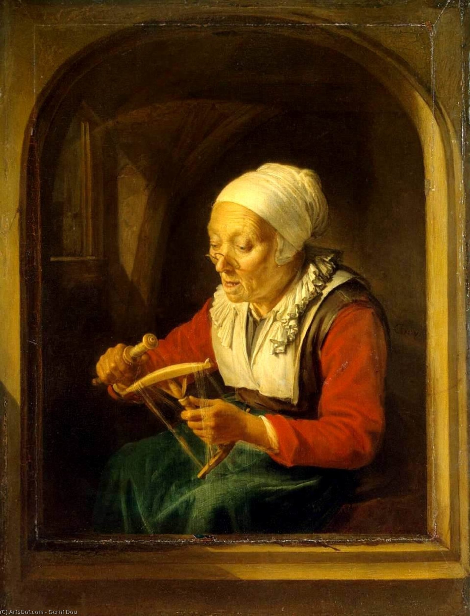 Wikioo.org - The Encyclopedia of Fine Arts - Painting, Artwork by Gerrit (Gérard) Dou - Old Woman Unreeling Threads