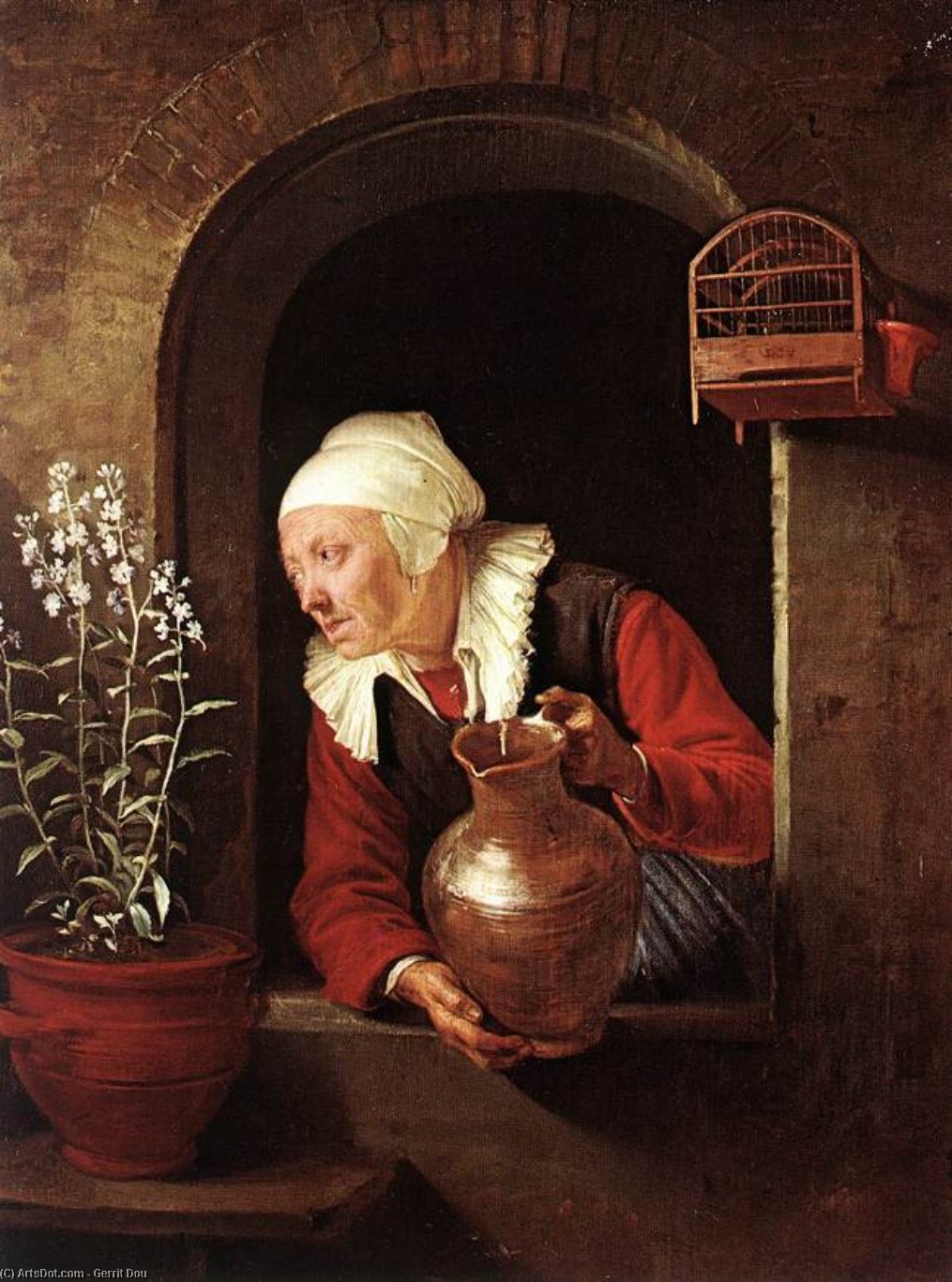 Wikioo.org – La Enciclopedia de las Bellas Artes - Pintura, Obras de arte de Gerrit (Gérard) Dou - vieja mujer riego  flores