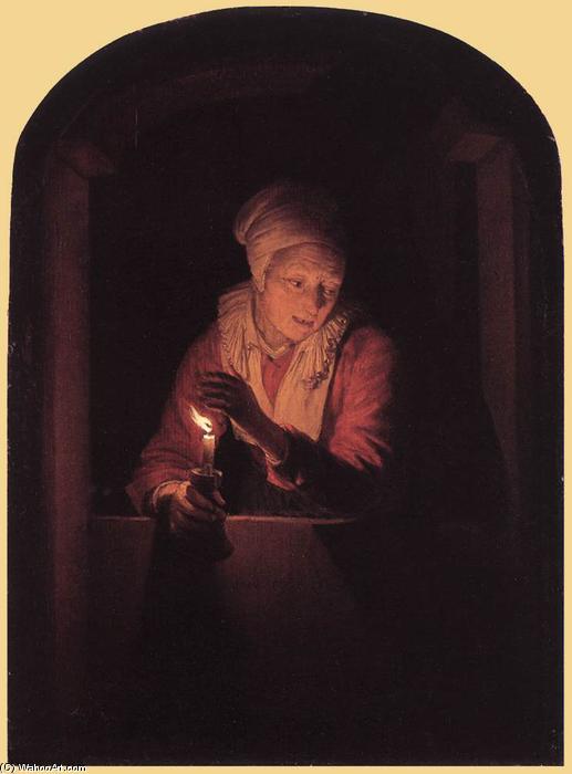 Wikioo.org - The Encyclopedia of Fine Arts - Painting, Artwork by Gerrit (Gérard) Dou - Old Woman with a Candle