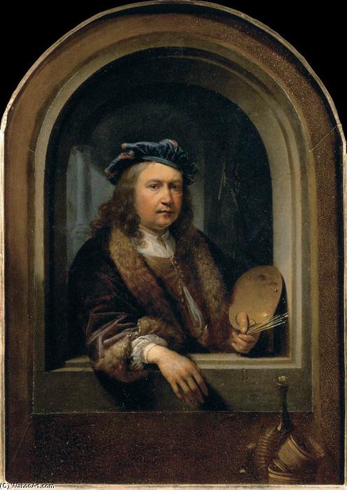 Wikioo.org - The Encyclopedia of Fine Arts - Painting, Artwork by Gerrit (Gérard) Dou - Self-Portrait with a Palette, in a Niche