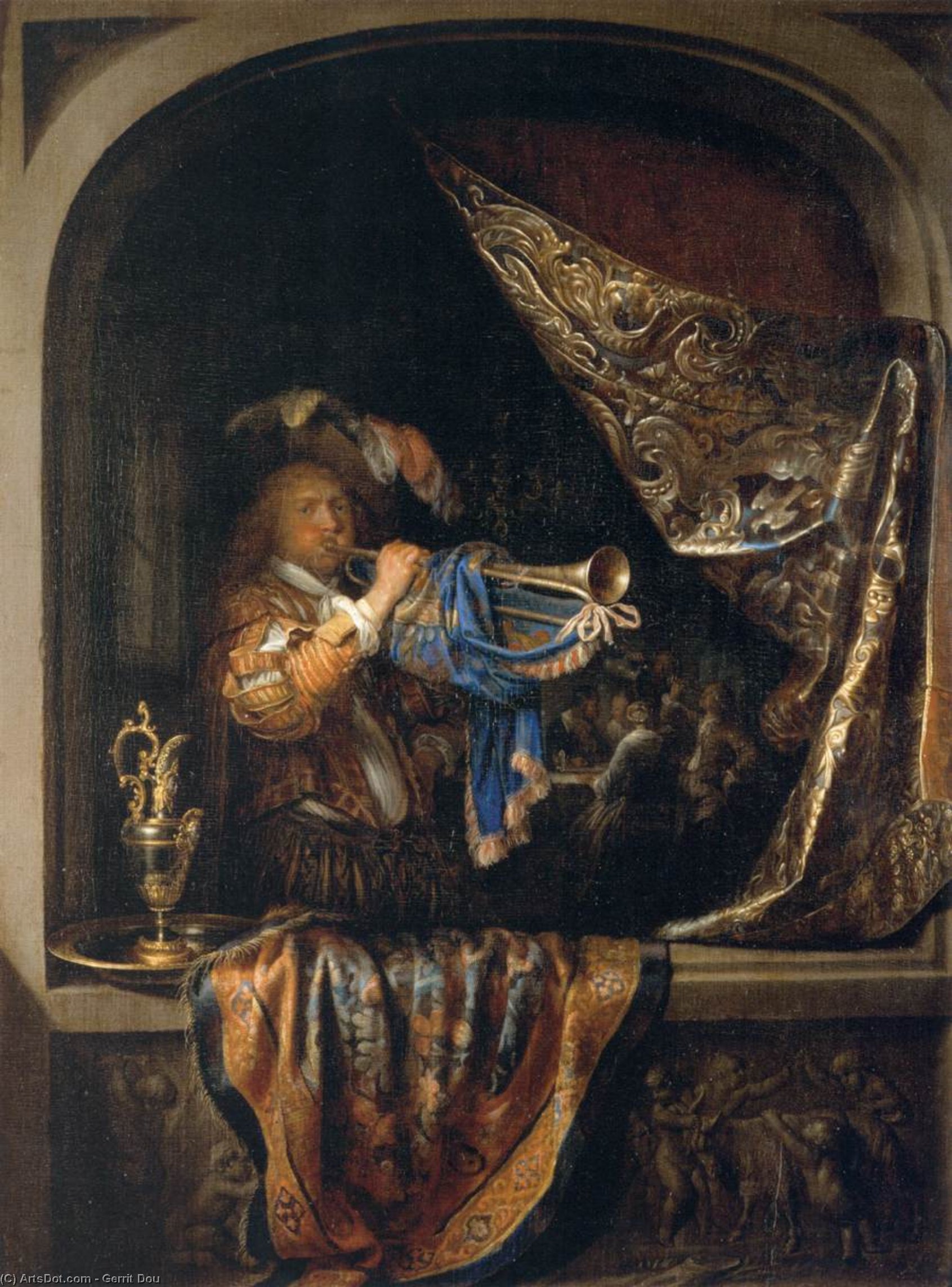 Wikioo.org – L'Encyclopédie des Beaux Arts - Peinture, Oeuvre de Gerrit (Gérard) Dou - Trumpet-Player en face de une Banqueter