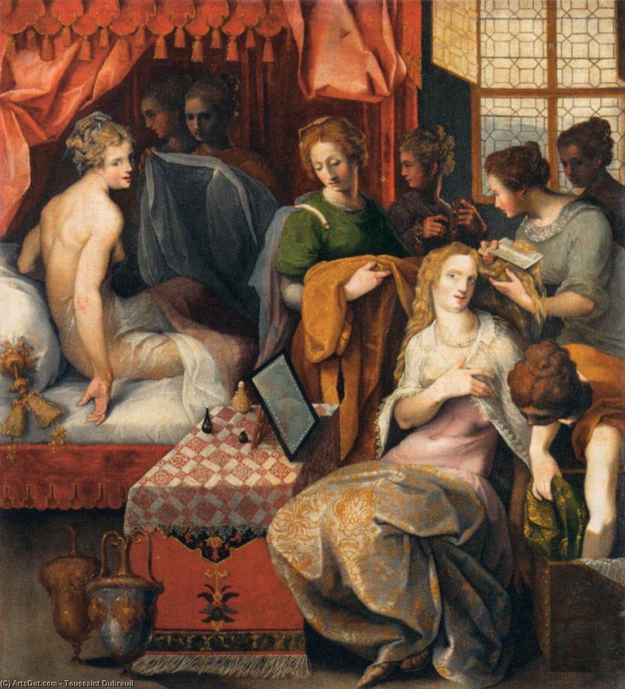 WikiOO.org - Enciklopedija dailės - Tapyba, meno kuriniai Toussaint Dubreuil - Hyanthe and Clymene at their Toilette