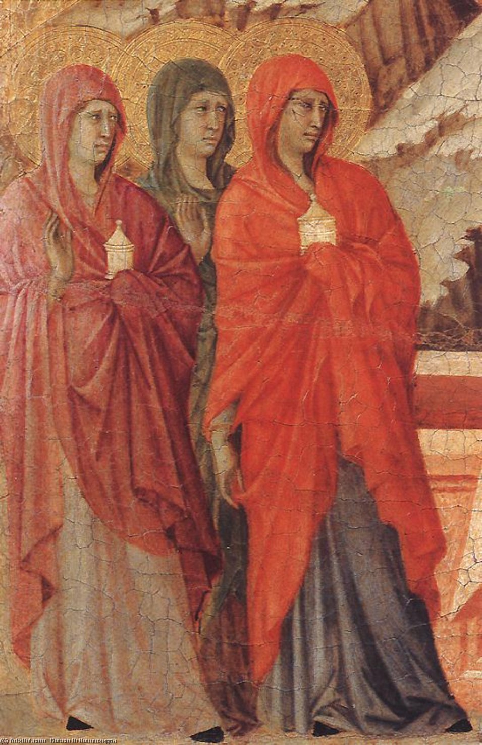 Wikioo.org - สารานุกรมวิจิตรศิลป์ - จิตรกรรม Duccio Di Buoninsegna - The Three Marys at the Tomb (detail)