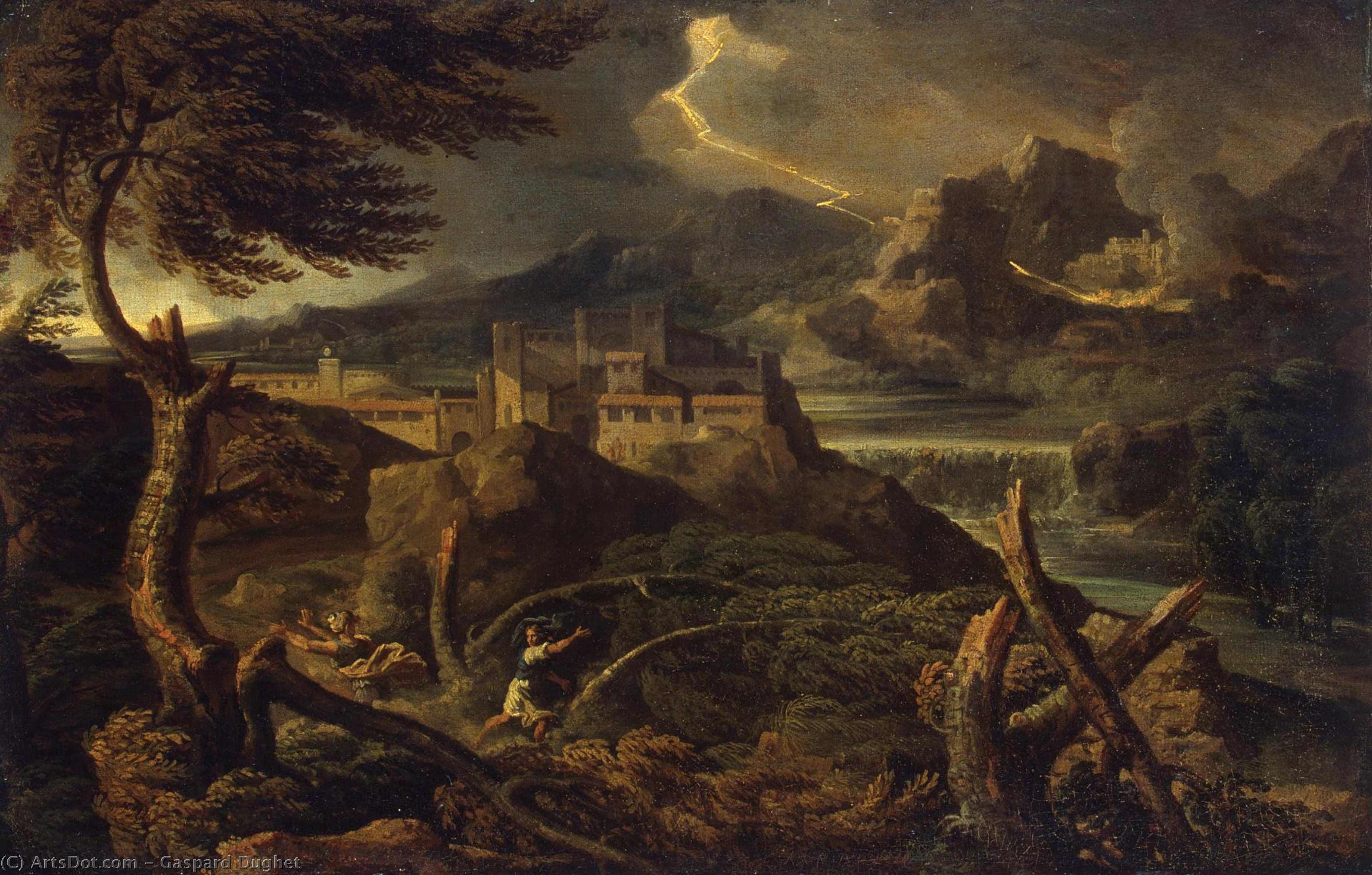 Wikioo.org - สารานุกรมวิจิตรศิลป์ - จิตรกรรม Gaspard Dughet - Landscape with Lightning