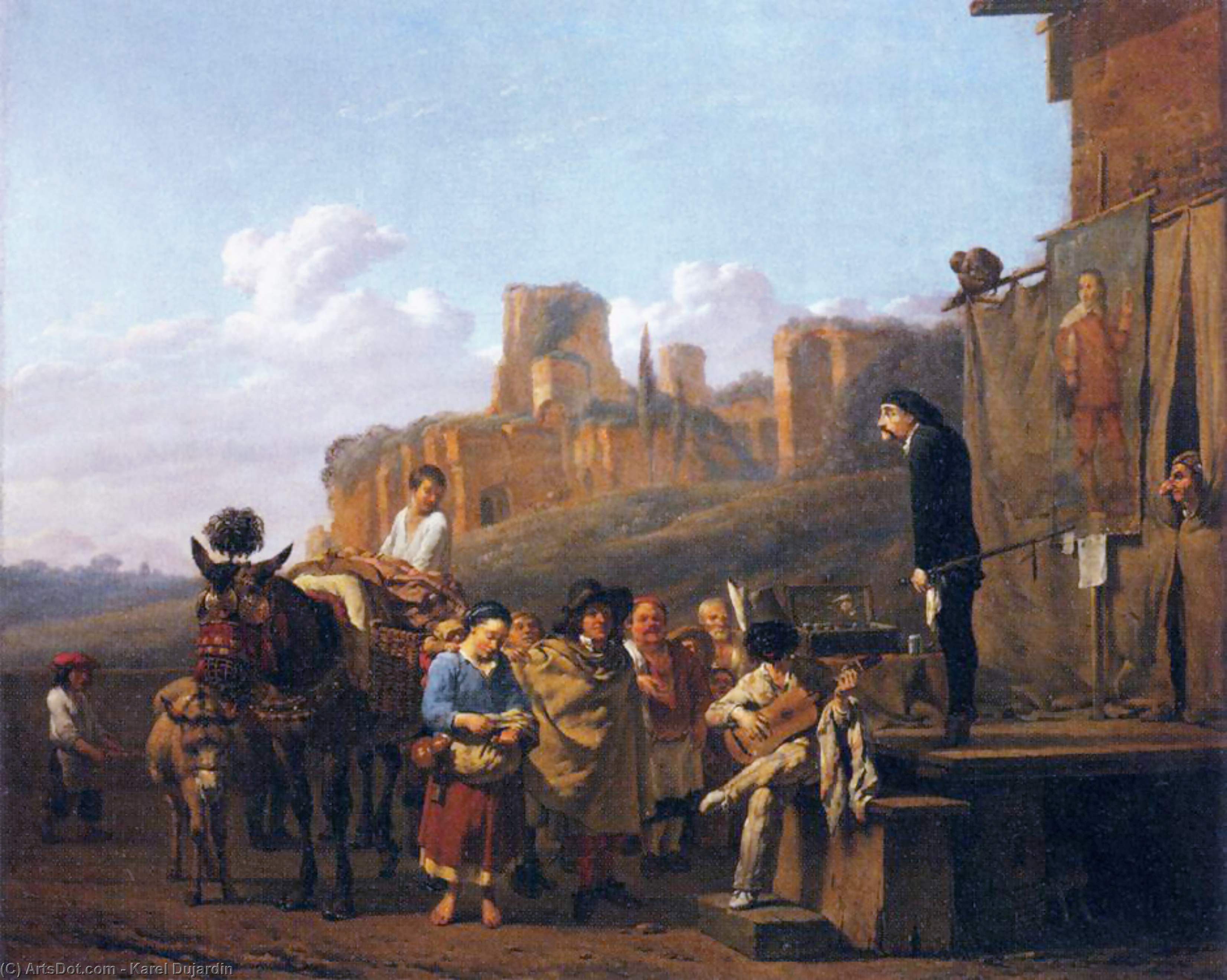 Wikioo.org - The Encyclopedia of Fine Arts - Painting, Artwork by Karel Dujardin - A Party of Charlatans in an Italian Landscape