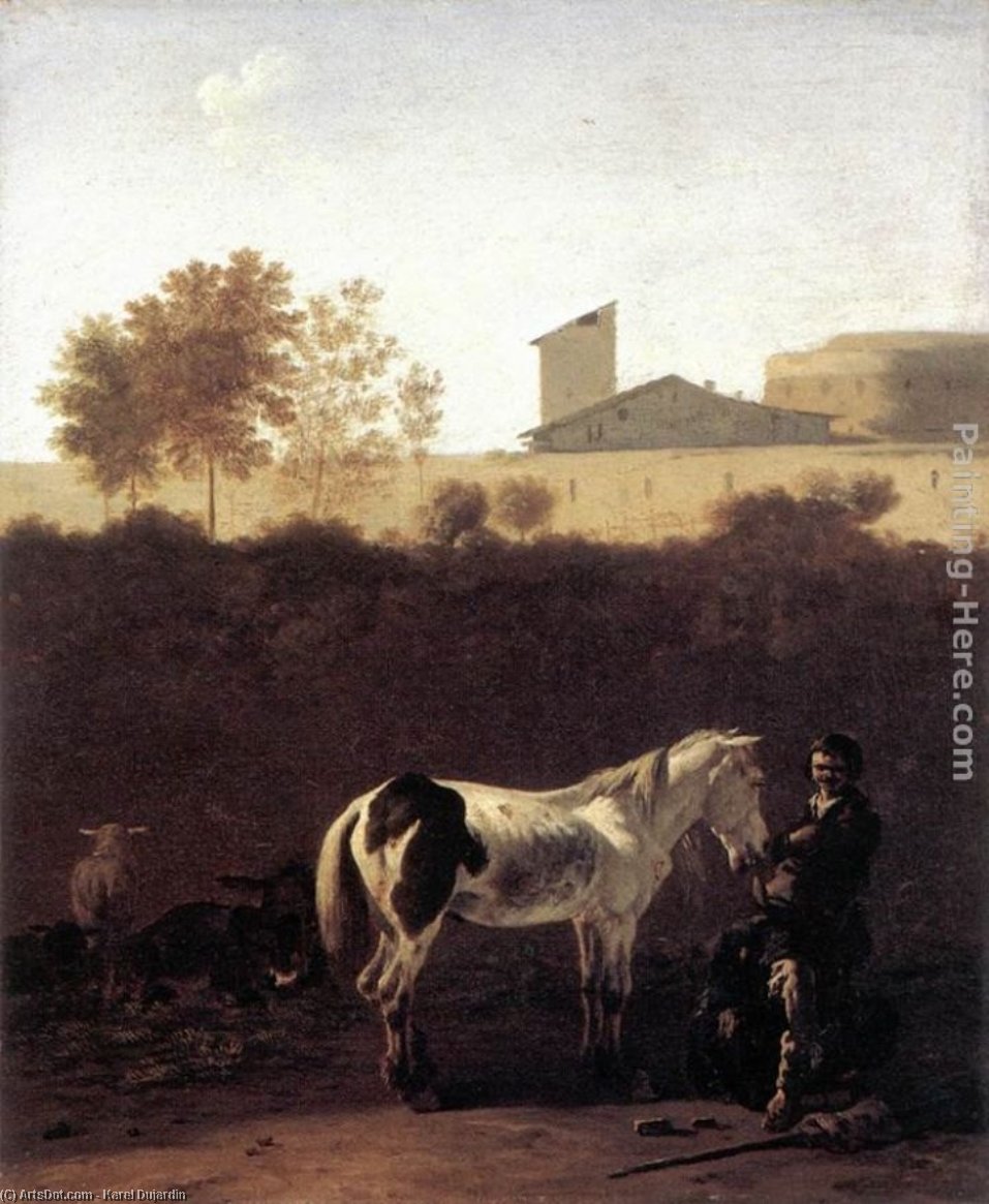Wikioo.org - The Encyclopedia of Fine Arts - Painting, Artwork by Karel Dujardin - Italian Landscape with Herdsman and a Piebald Horse