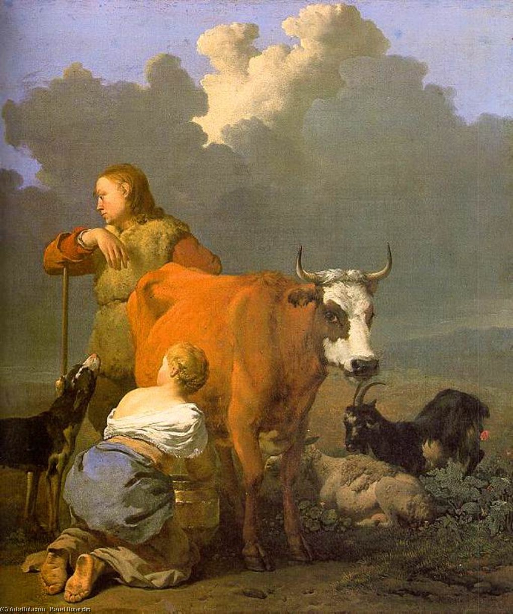 WikiOO.org - Encyclopedia of Fine Arts - Maleri, Artwork Karel Dujardin - Woman Milking a Red Cow