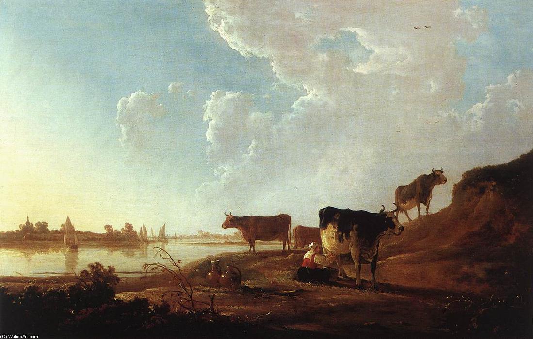 Wikioo.org - The Encyclopedia of Fine Arts - Painting, Artwork by Aelbert Jacobsz Cuyp - River Scene with Milking Woman