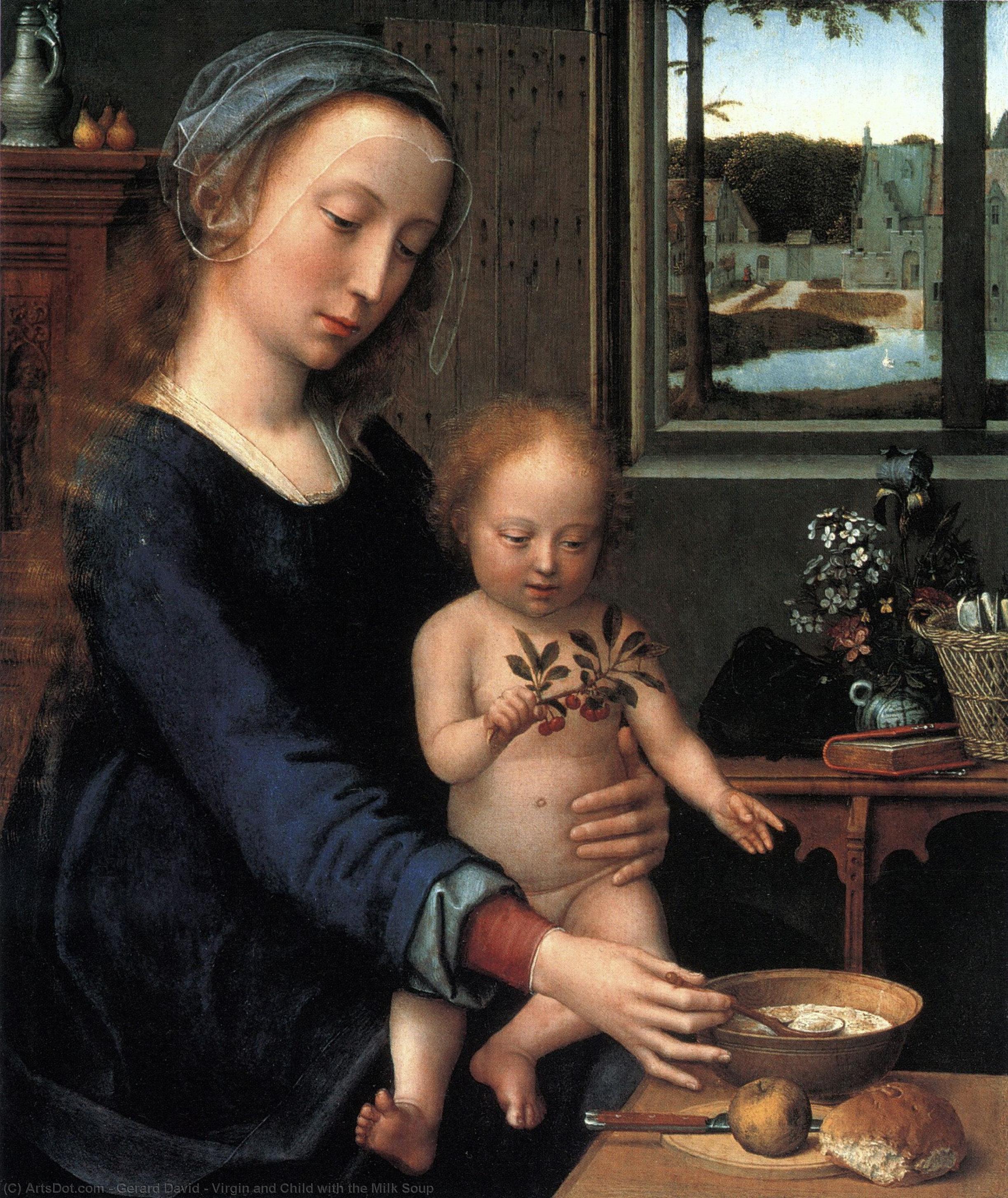 Wikioo.org – La Enciclopedia de las Bellas Artes - Pintura, Obras de arte de Gerard David - virgen y el niño enestado  el  leche  sopa