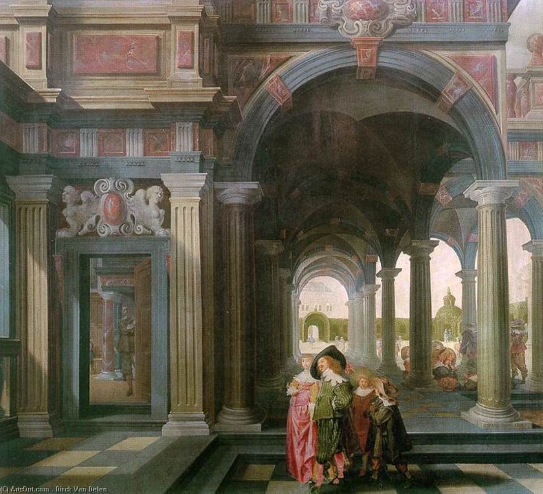 Wikioo.org - The Encyclopedia of Fine Arts - Painting, Artwork by Dirck Van Delen - Palace Courtyard with Figures