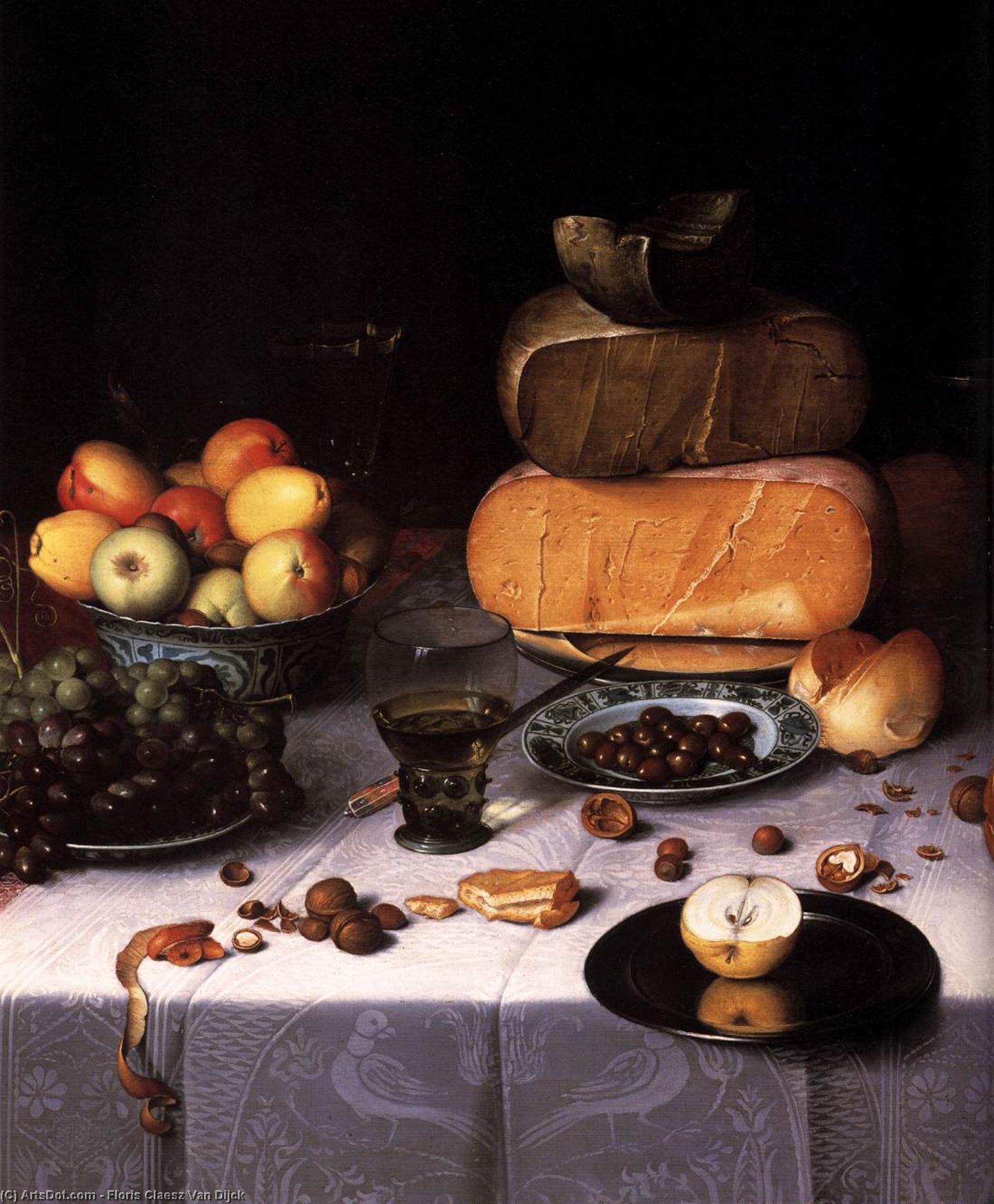 Wikioo.org – La Enciclopedia de las Bellas Artes - Pintura, Obras de arte de Floris Claesz Van Dijck - Encamado Mesa con Quesos y fruta ( detalle )