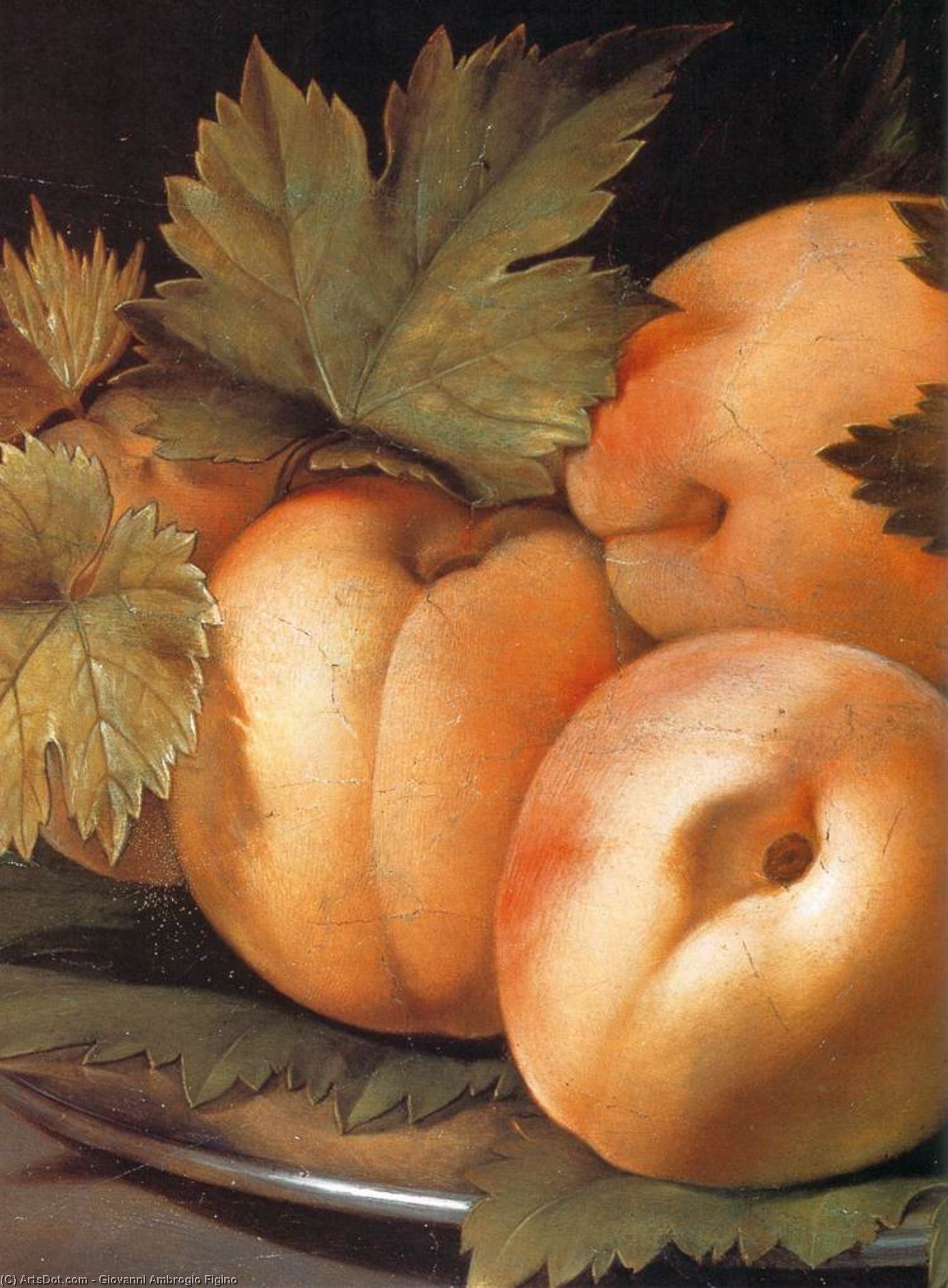 Wikioo.org - The Encyclopedia of Fine Arts - Painting, Artwork by Giovanni Ambrogio Figino - Metal Plate with Peaches and Vine Leaves (detail)