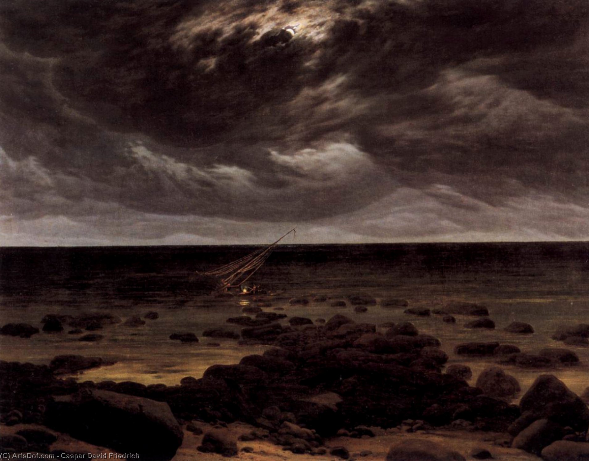 Wikioo.org – L'Enciclopedia delle Belle Arti - Pittura, Opere di Caspar David Friedrich - Riva del mare con  Naufragio  a memoria  chiaro di luna