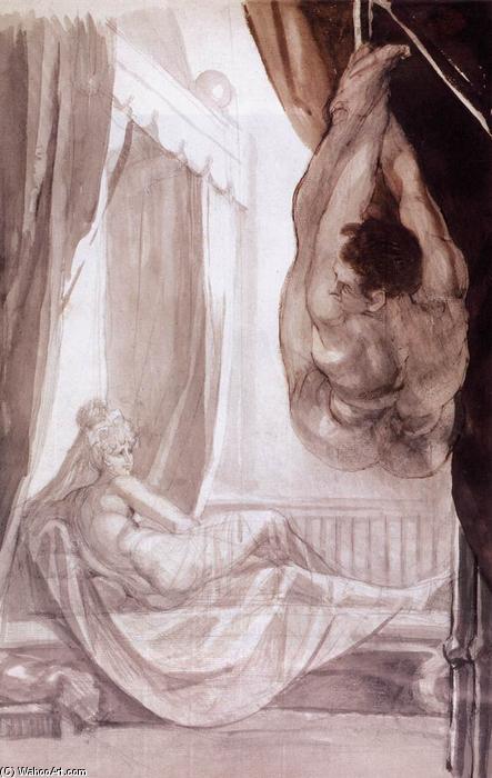 WikiOO.org - אנציקלופדיה לאמנויות יפות - ציור, יצירות אמנות Henry Fuseli (Johann Heinrich Füssli) - Brunhilde Observing Gunther, Whom She Has Tied to the Ceiling