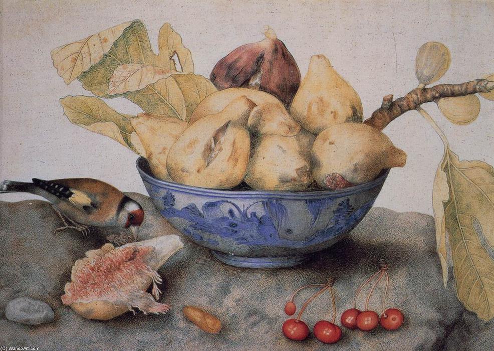 WikiOO.org - Enciclopédia das Belas Artes - Pintura, Arte por Giovanna Garzoni - China Bowl with Figs, a Bird, and Cherries