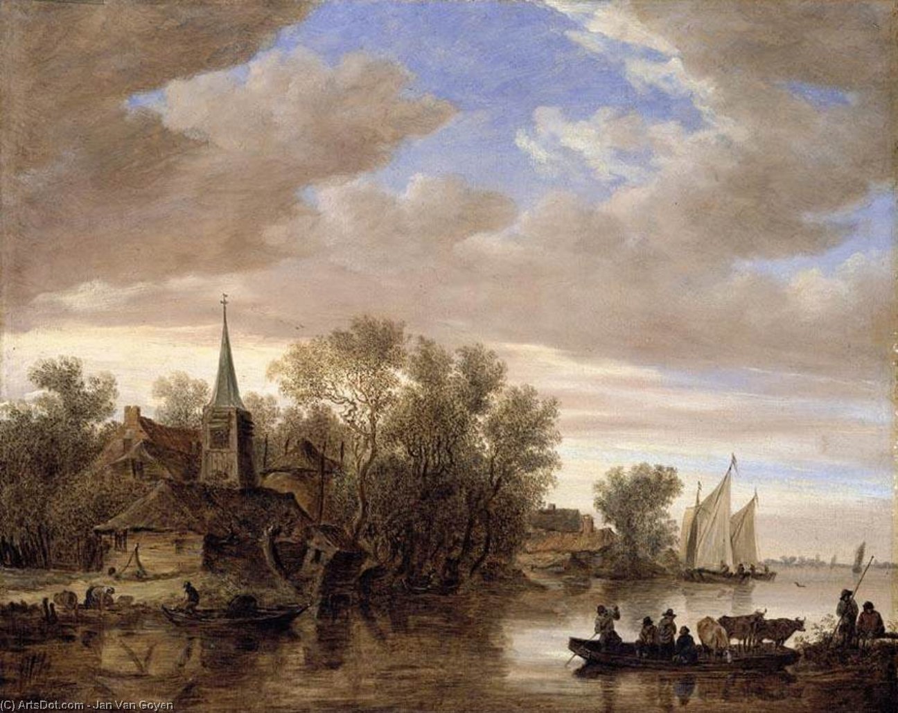 Wikioo.org – La Enciclopedia de las Bellas Artes - Pintura, Obras de arte de Jan Van Goyen - paisaje del río con un Cattle-Ferry
