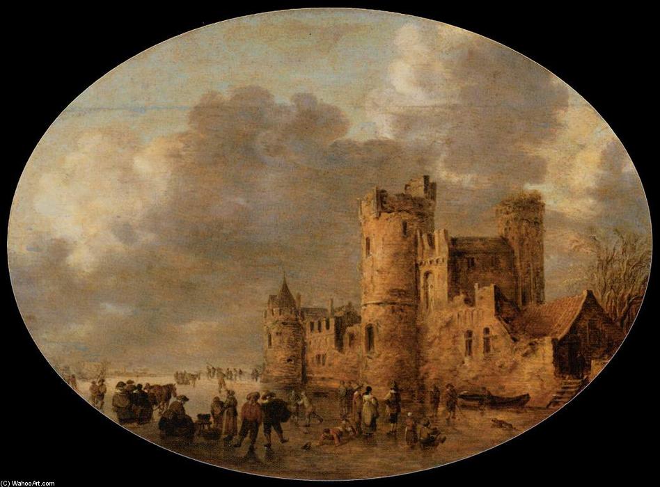 Wikioo.org - The Encyclopedia of Fine Arts - Painting, Artwork by Jan Van Goyen - Skaters in front of a Medieval Castle