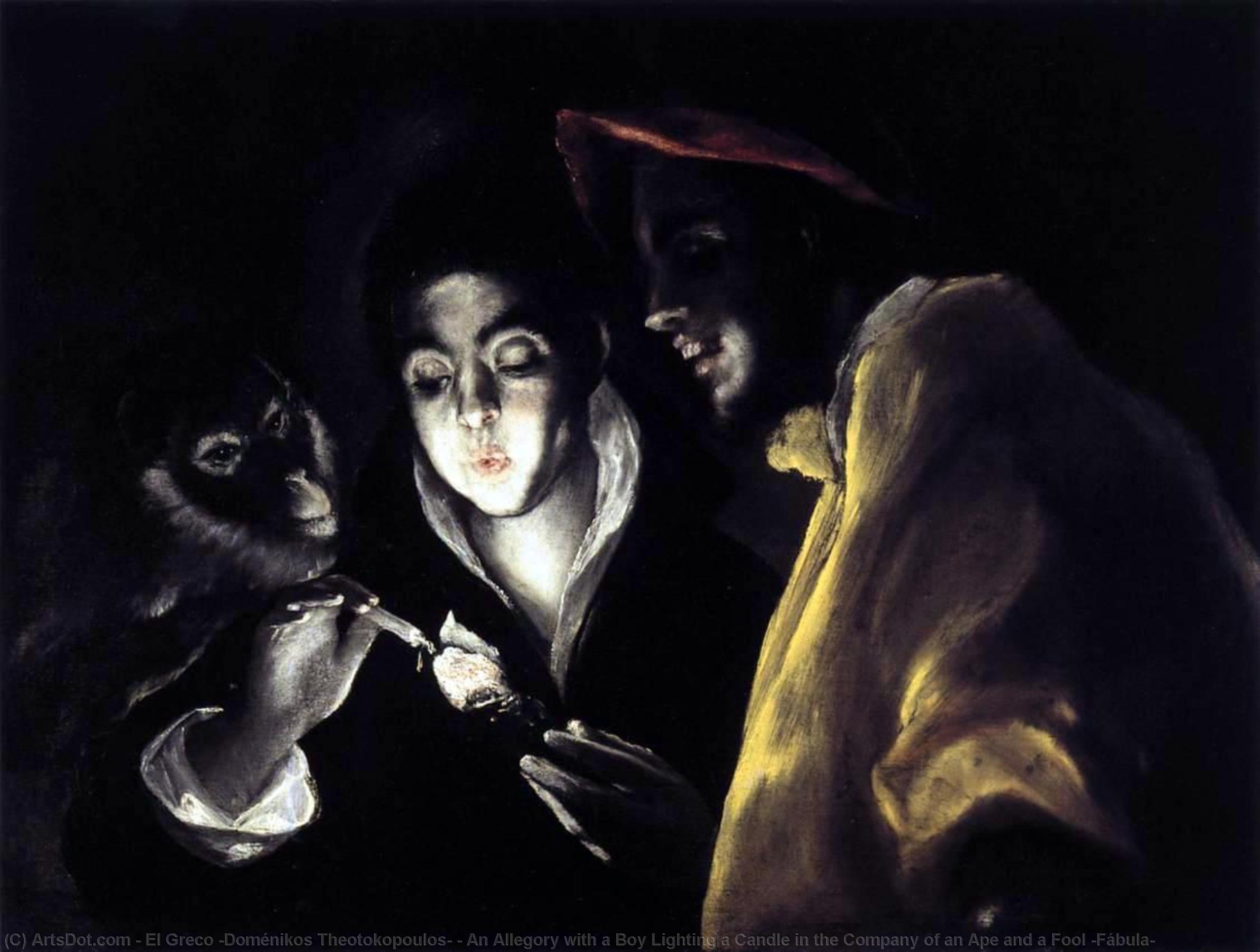 WikiOO.org - Encyclopedia of Fine Arts - Malba, Artwork El Greco (Doménikos Theotokopoulos) - An Allegory with a Boy Lighting a Candle in the Company of an Ape and a Fool (Fábula)