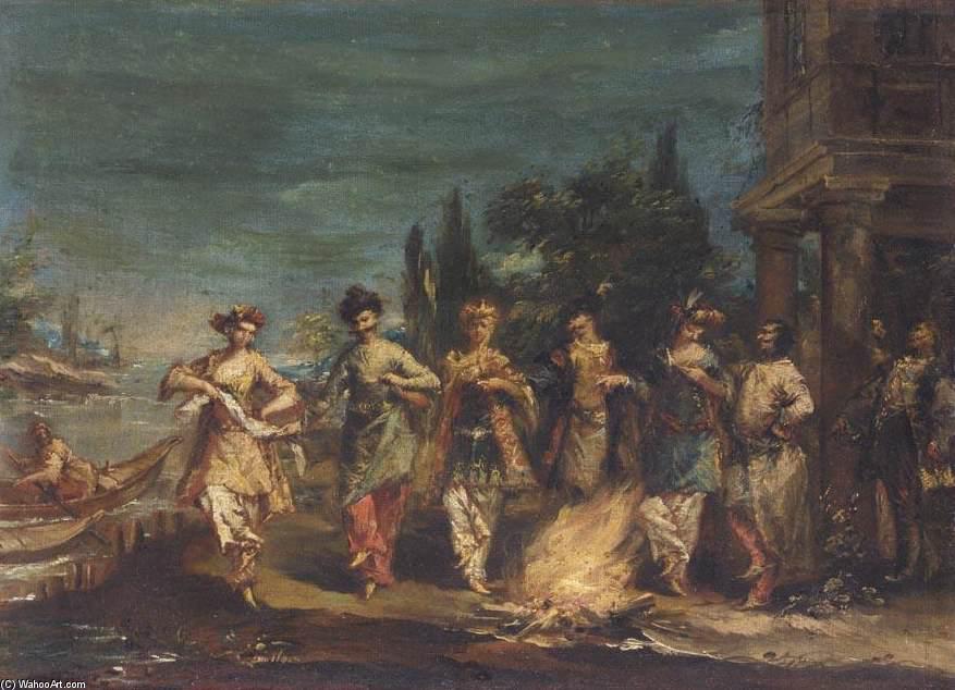 Wikioo.org - The Encyclopedia of Fine Arts - Painting, Artwork by Gianantonio Guardi - Three Couples in Exotic Dress Dancing in front of a Fire