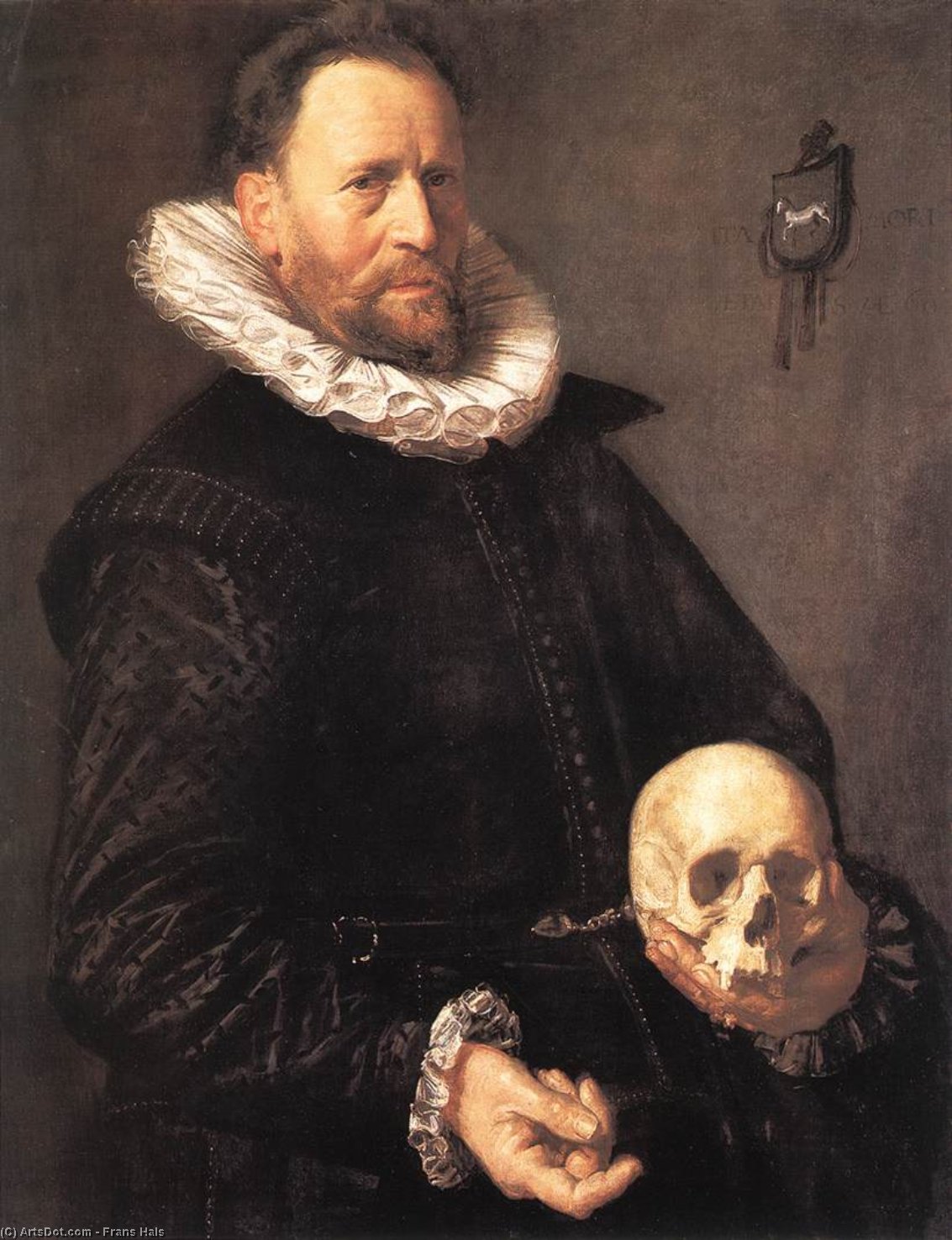 Wikioo.org – L'Enciclopedia delle Belle Arti - Pittura, Opere di Frans Hals - Ritratto Di Un Uomo detenzione  Un  Cranio
