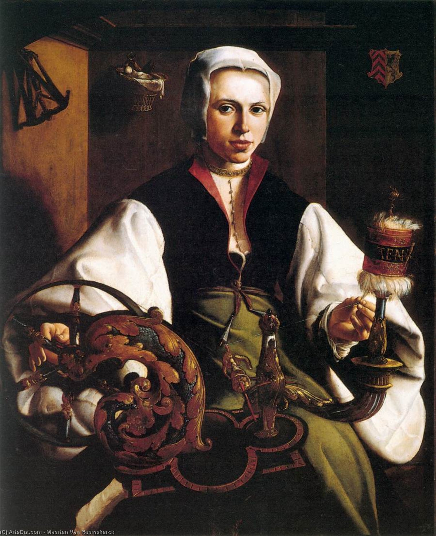 Wikioo.org - The Encyclopedia of Fine Arts - Painting, Artwork by Maarten Van Heemskerck - Portrait of a Lady Spinning