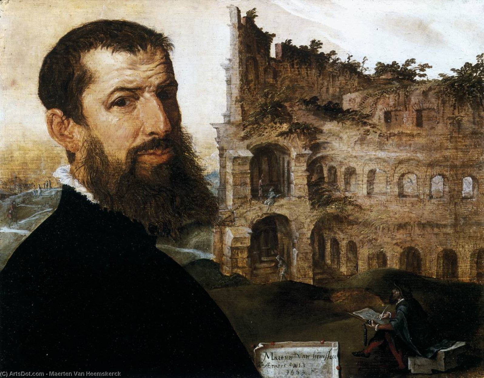 Wikioo.org - The Encyclopedia of Fine Arts - Painting, Artwork by Maarten Van Heemskerck - Self-Portrait in Rome with the Colosseum
